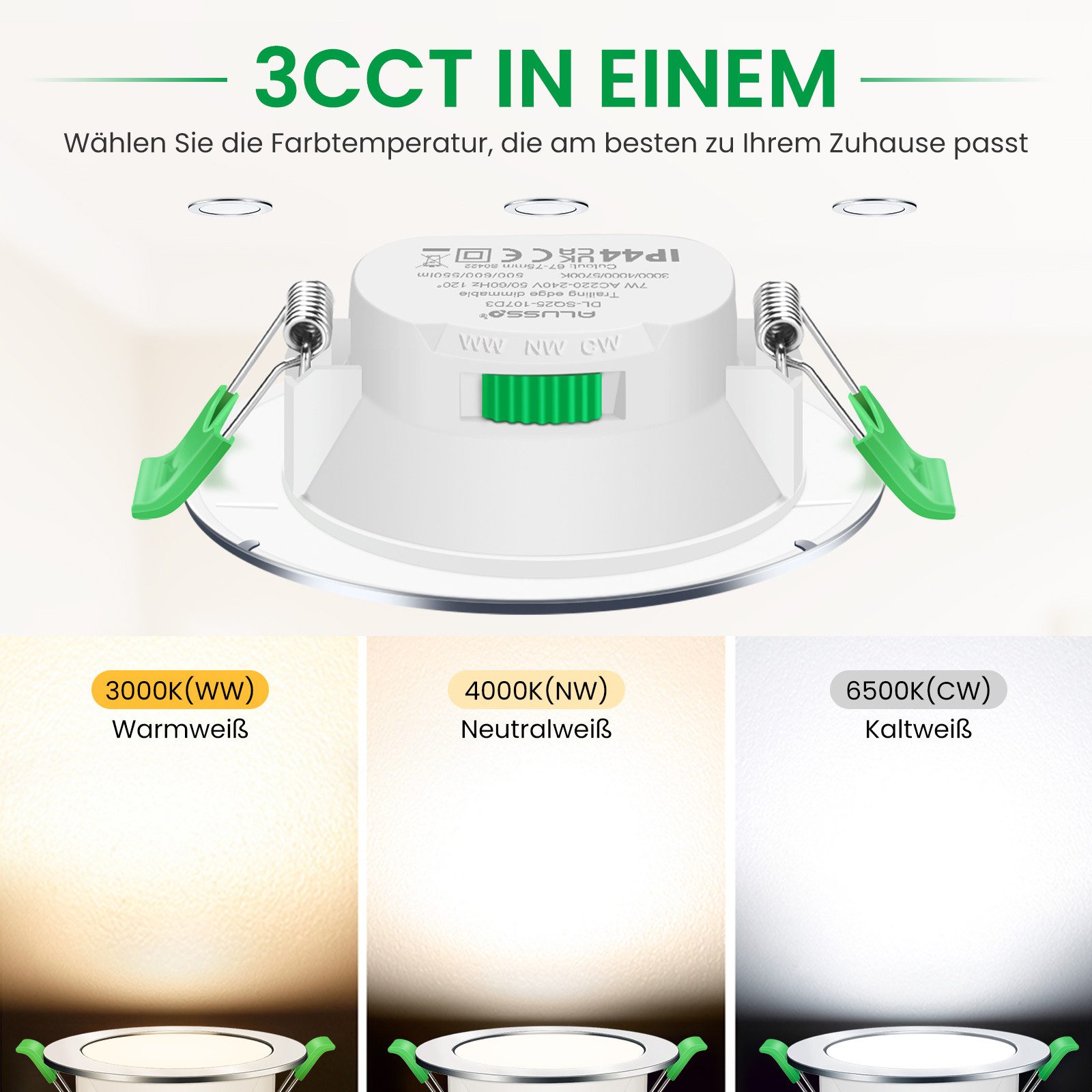 ALUSSO LED Einbaustrahler 6er-Set, 7W Decken Leuchte, 68mm Flach Strahler Dimmbar Spot, Helligkeit von 10 % bis 100 %, Rund, Chrom
