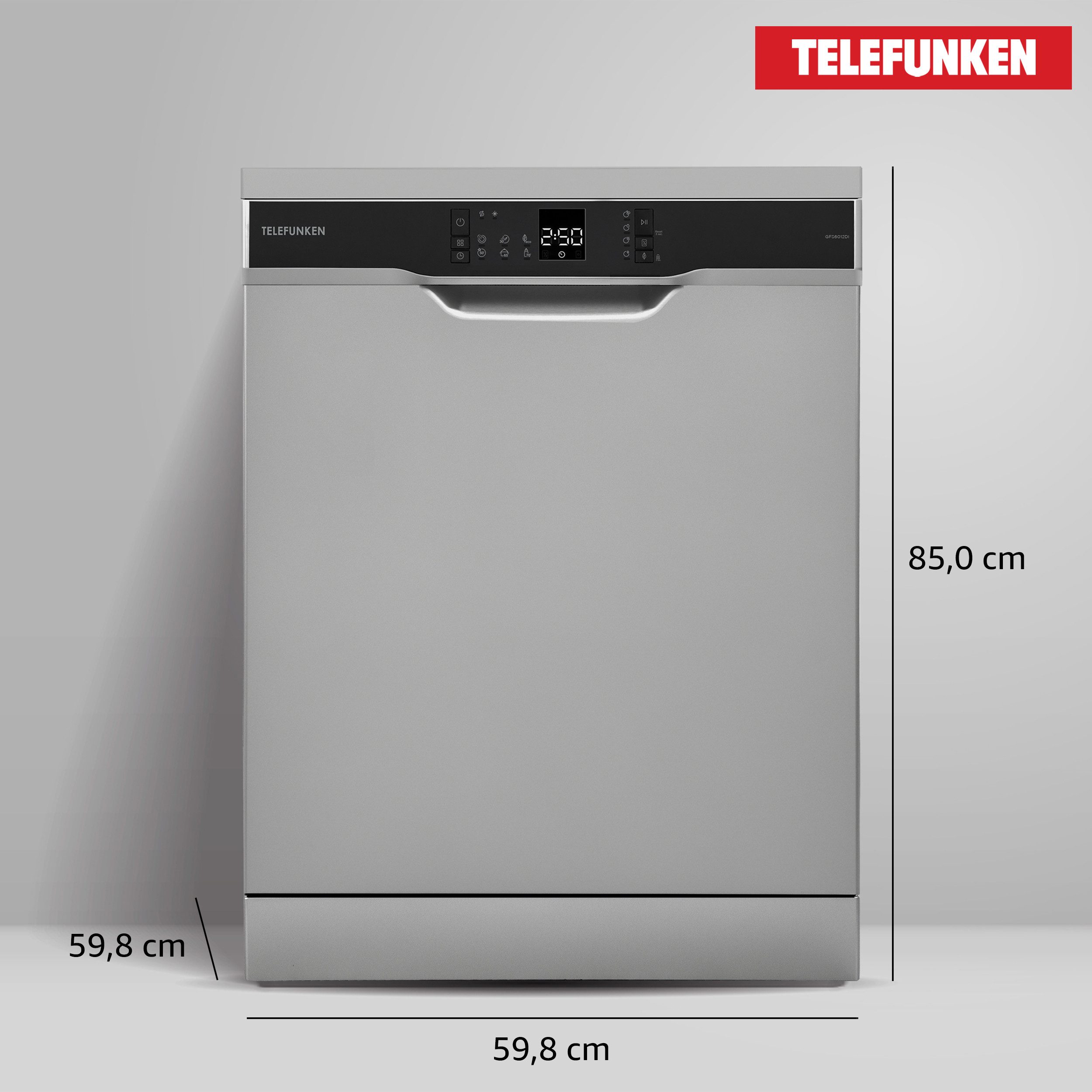 Telefunken Standgeschirrspüler GFS6012DI, 12 l, 12 Maßgedecke, Spülmaschine freistehend 60 cm, 6 Programme, 12 Gedecke, AquaStop
