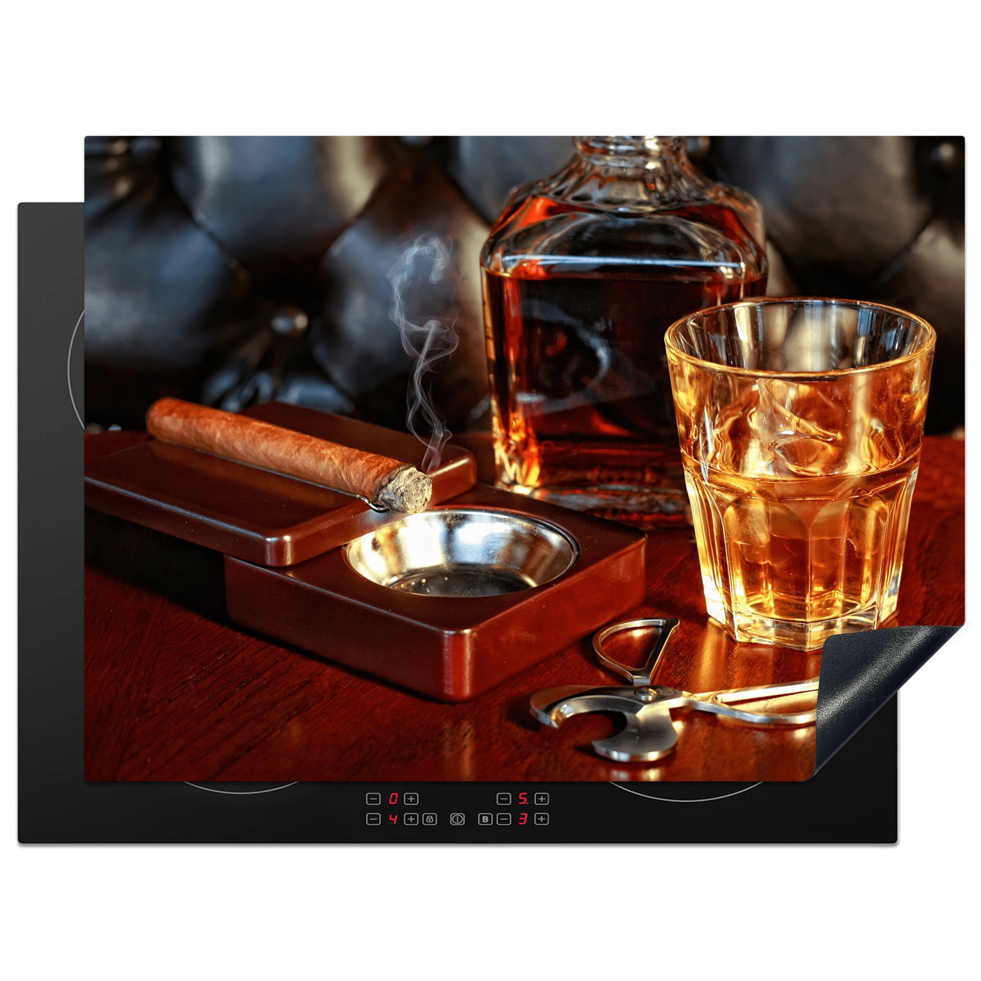 MuchoWow Herdblende-/Abdeckplatte Zigarre - Glas - Induktionsschutz - Whiskey, Vinyl, (1 tlg), 70x52 cm, Mobile Arbeitsfläche nutzbar, Ceranfeldabdeckung