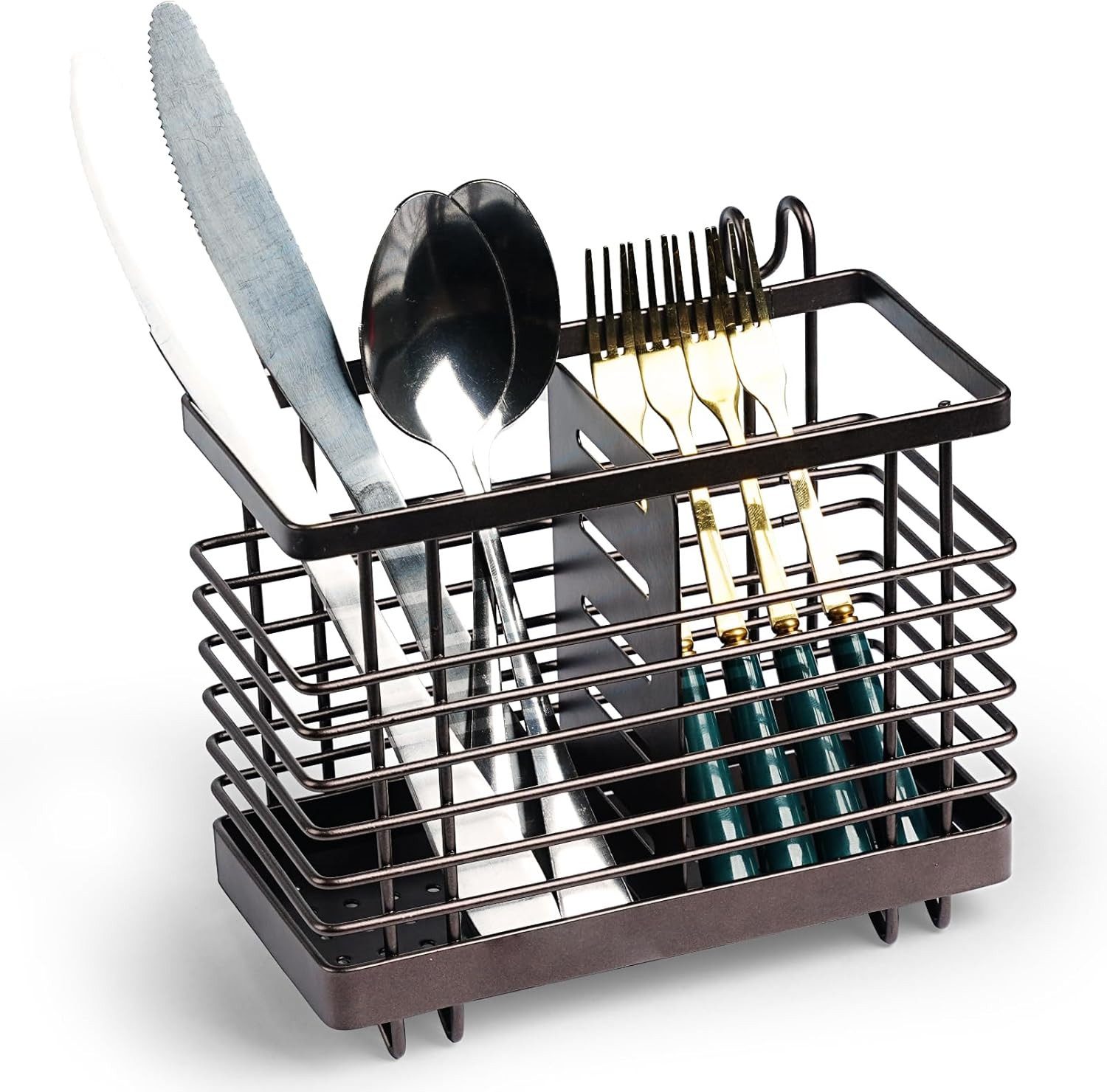 Rhein Beleuchtung Besteckhalter Besteck-Organizer mit 2 Fächern, küchenutensilienhalter, spülorganizer, (Geeignet für die Aufbewahrung von Messern, Gabeln und Löffeln), Offenes Design, schnelles Abtropfen, kann hängend montiert werden