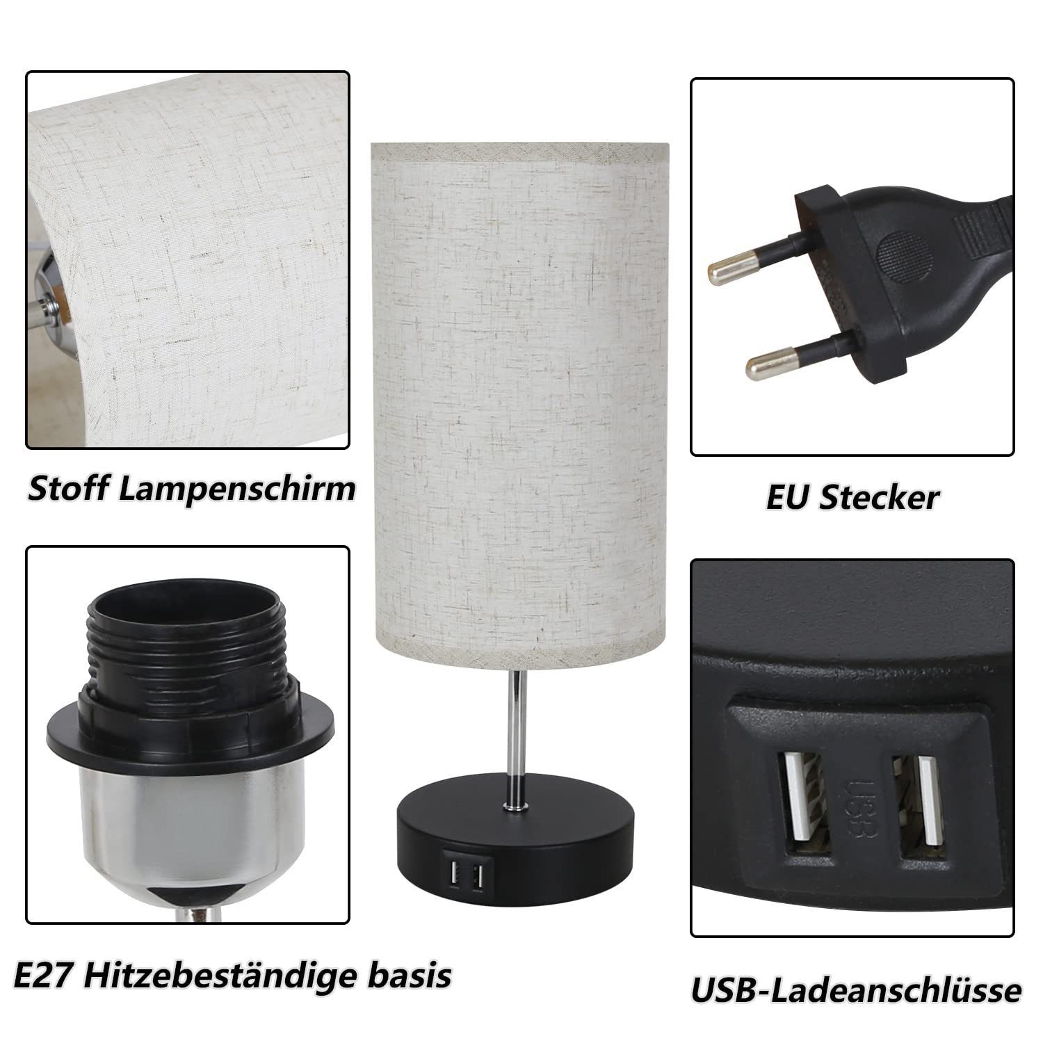 Schwarz und Set, Tischleuchte Mit Lampenschirm, Brine, 1er 3000K, Stoff LED USB-Ladefunktion Touch-Dimmbar ZMH mit