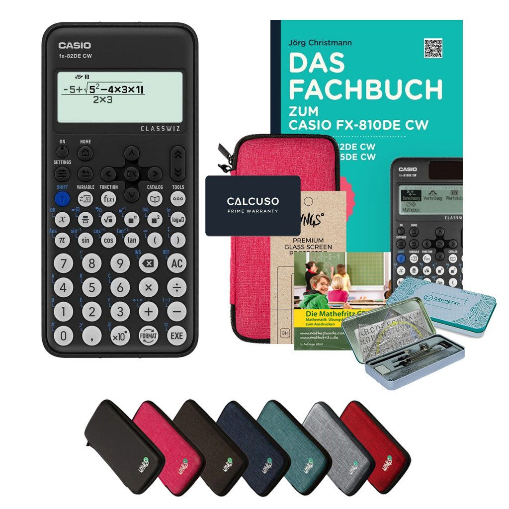 CASIO Taschenrechner fx-82DE CW - Premium Set inkl. Schutztasche Pink & Fachbuch uvm.