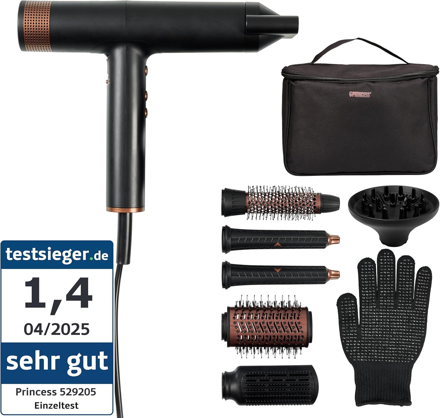 PRINCESS Multihaarstyler 529205, 2000 W, 3 Heiz-/Gebläsestufen, Ionen, Coolshot, 7 Aufsätze, Tasche