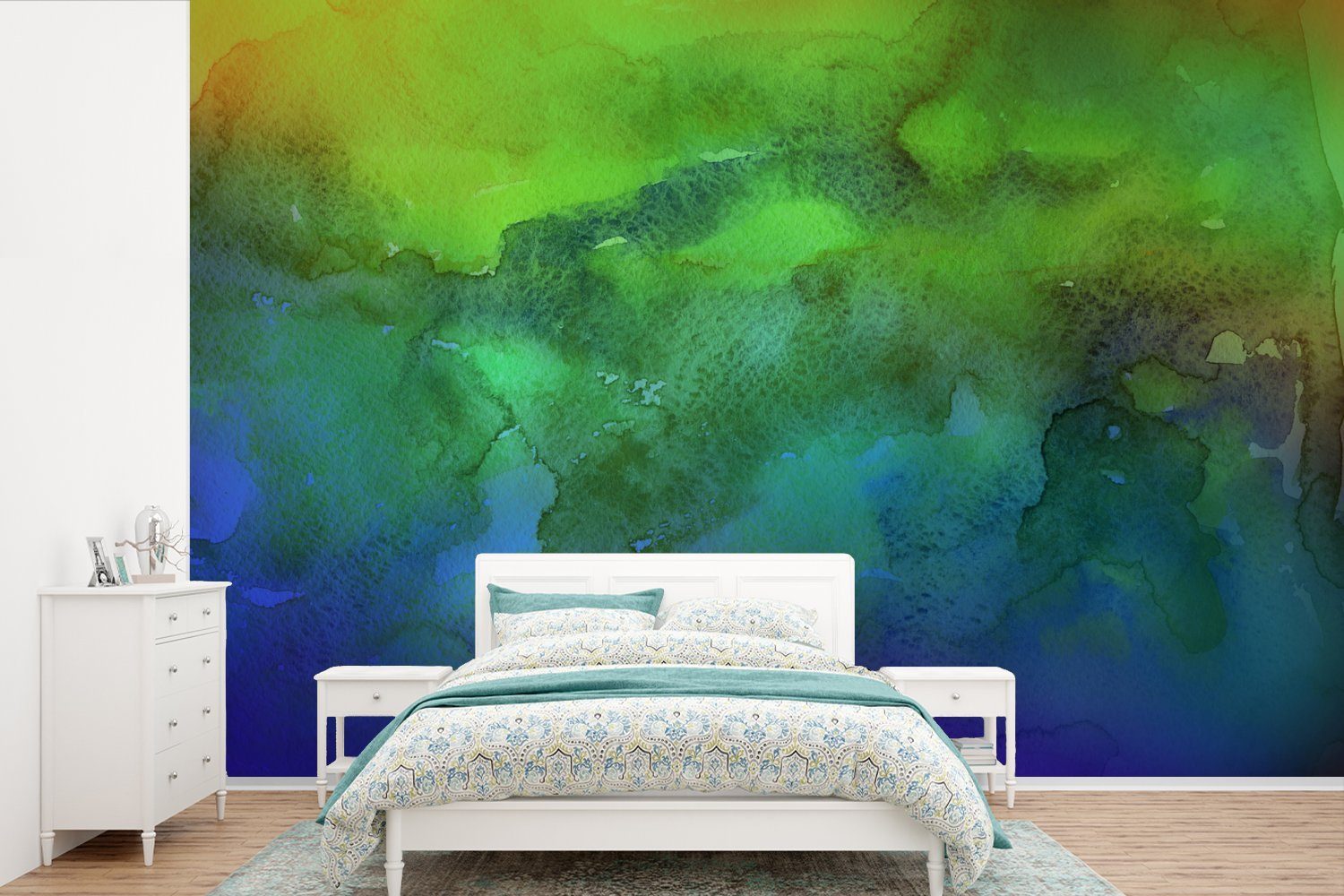 MuchoWow Fototapete Aquarell - Grün - Farbton - Blau, Matt, bedruckt, (6 St), Wallpaper für Wohnzimmer, Schlafzimmer, Kinderzimmer, Vinyl Tapete