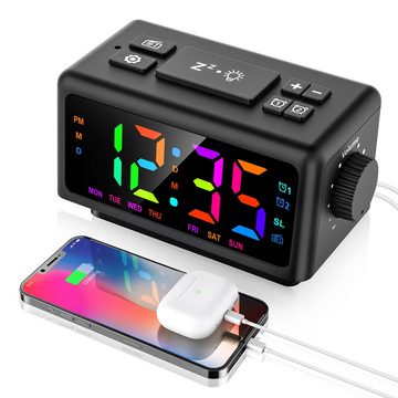 Novzep Funk-Reisewecker Multifunktionale, farbenfrohe LED-Elektronikuhr – großes RGB-Display, automatische Dimmung, zwei Alarmeinstellungen, UKW-Radio
