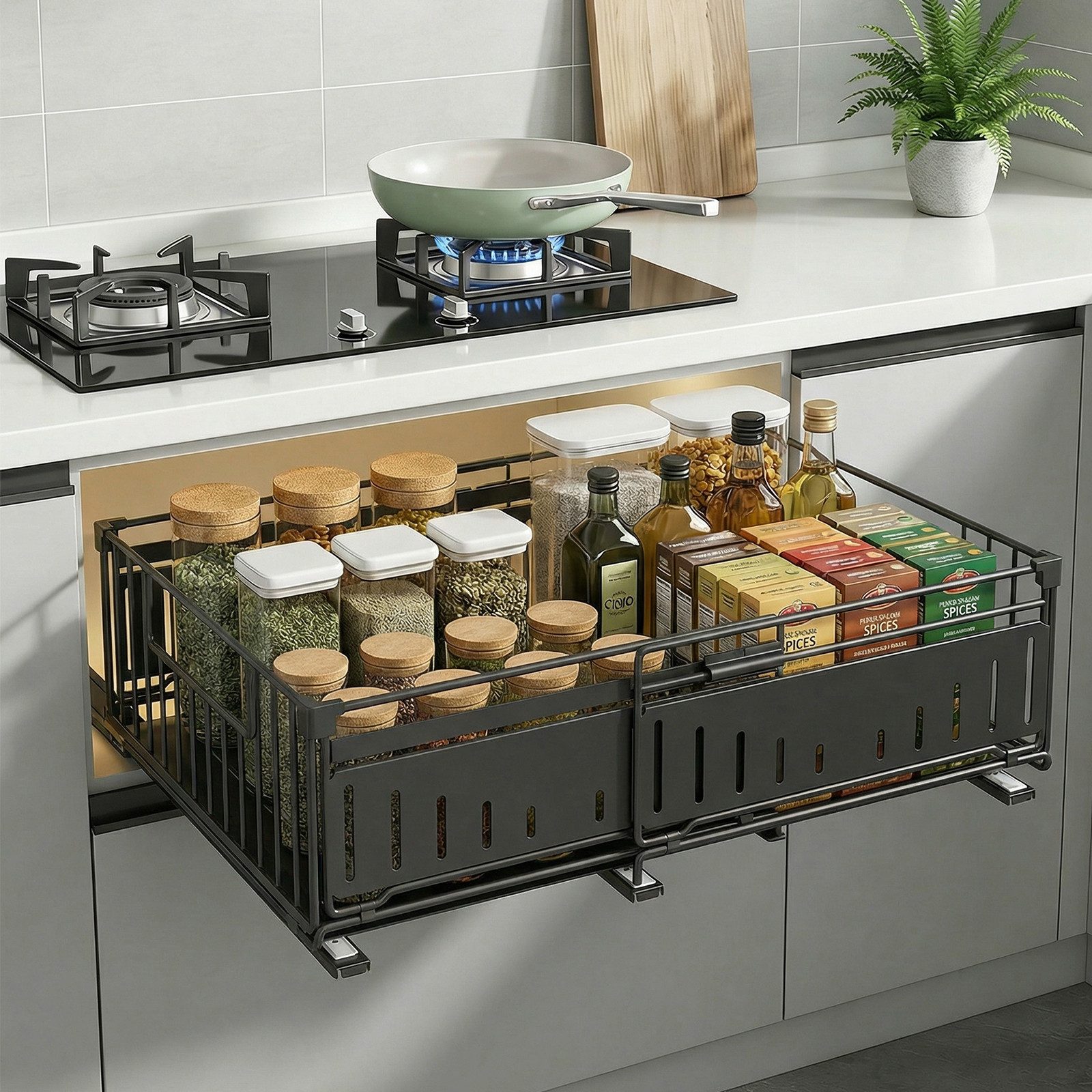 BlingBin Küchenorganizer-Set Teleskopschublade Ausziehbare Schublade Küche Organizer Schrankkorb, (1 Stück, ohne Bohren für Küche Küchenschränke, Bad, Zimmern und Abstellräumen), 39x16.5x32.5-49.5 CM,Pull Out Cabinet Drawer mit Kleber