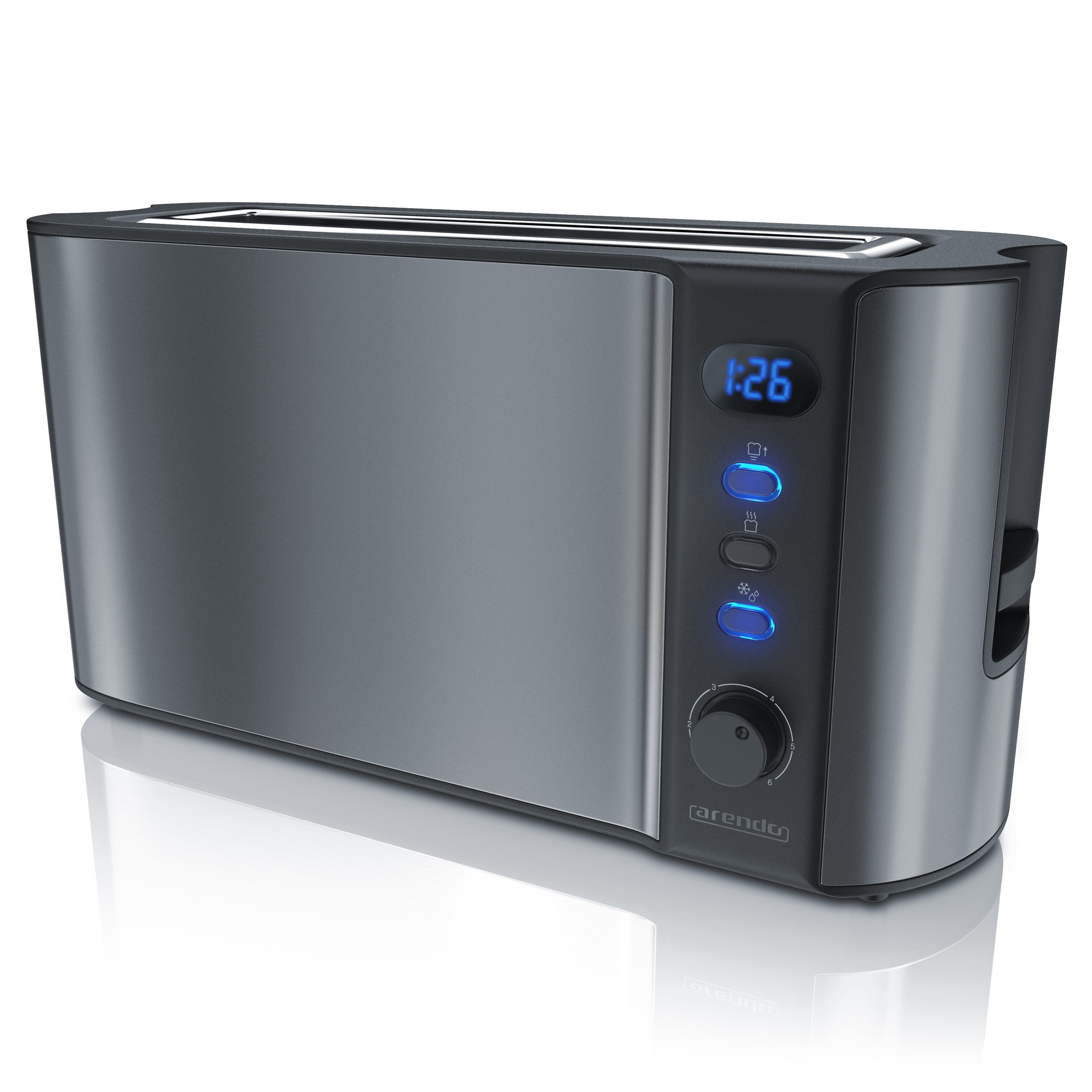 Arendo Toaster Langschlitz, Edelstahl, Display mit Restzeitanzeige, Brötchenaufsatz, 1 langer Schlitz, für 2 Scheiben, 1000 W, Wärmeisolierendes Gehäuse, Defrost Funktion, Krümelschublade