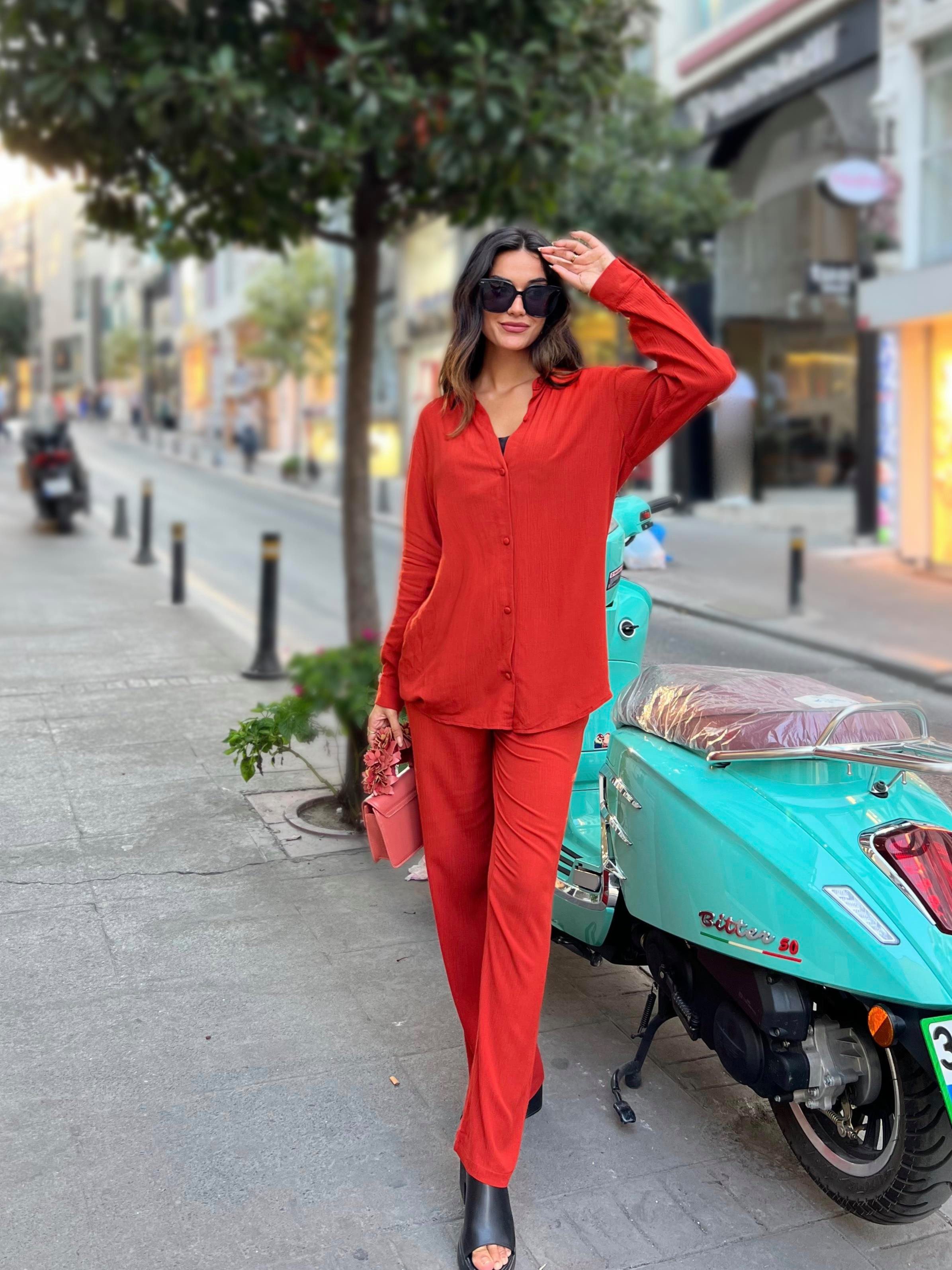 For You Moda Hosenanzug 3-teiliges Viskose-Crinkle-Bustier-Ziegel-Set günstig online kaufen