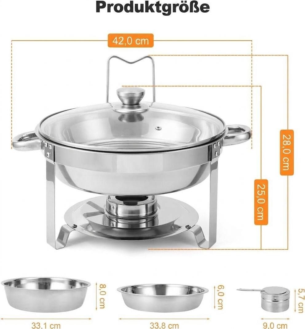 GarveeMore Speisenwärmer 5L runde Edelstahl-Chafing-Dishes und Warmhaltebehälter, (2-tlg), mit Deckelhalter und Glasdeckel für Catering,Partys,Abendessen
