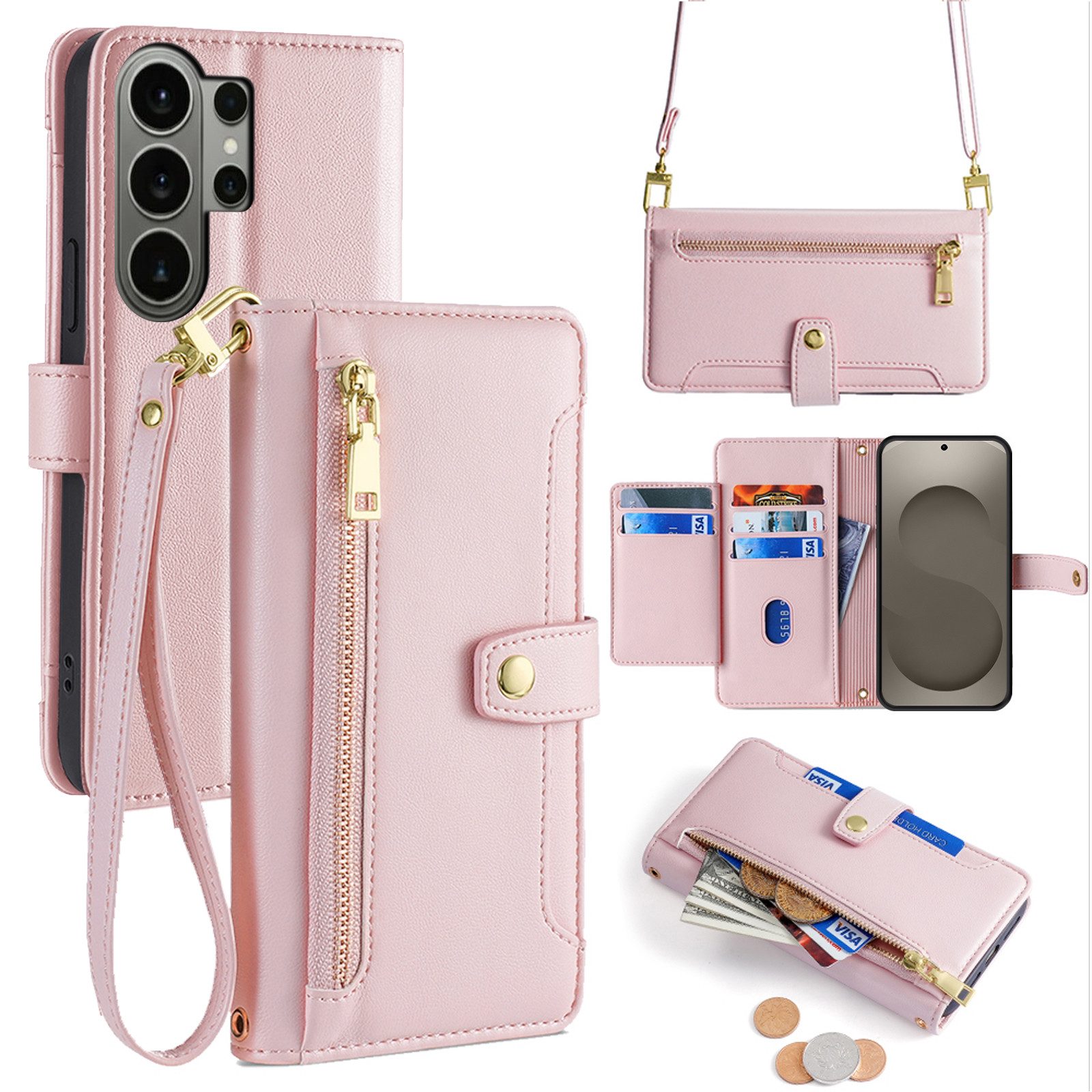 betterfon Handykette für Samsung Galaxy Leder Umhänge Hülle mit Kartenfächer, 5 Kartenfächer + verstellbare Kette & Standfunktion mit TPU-Schutz
