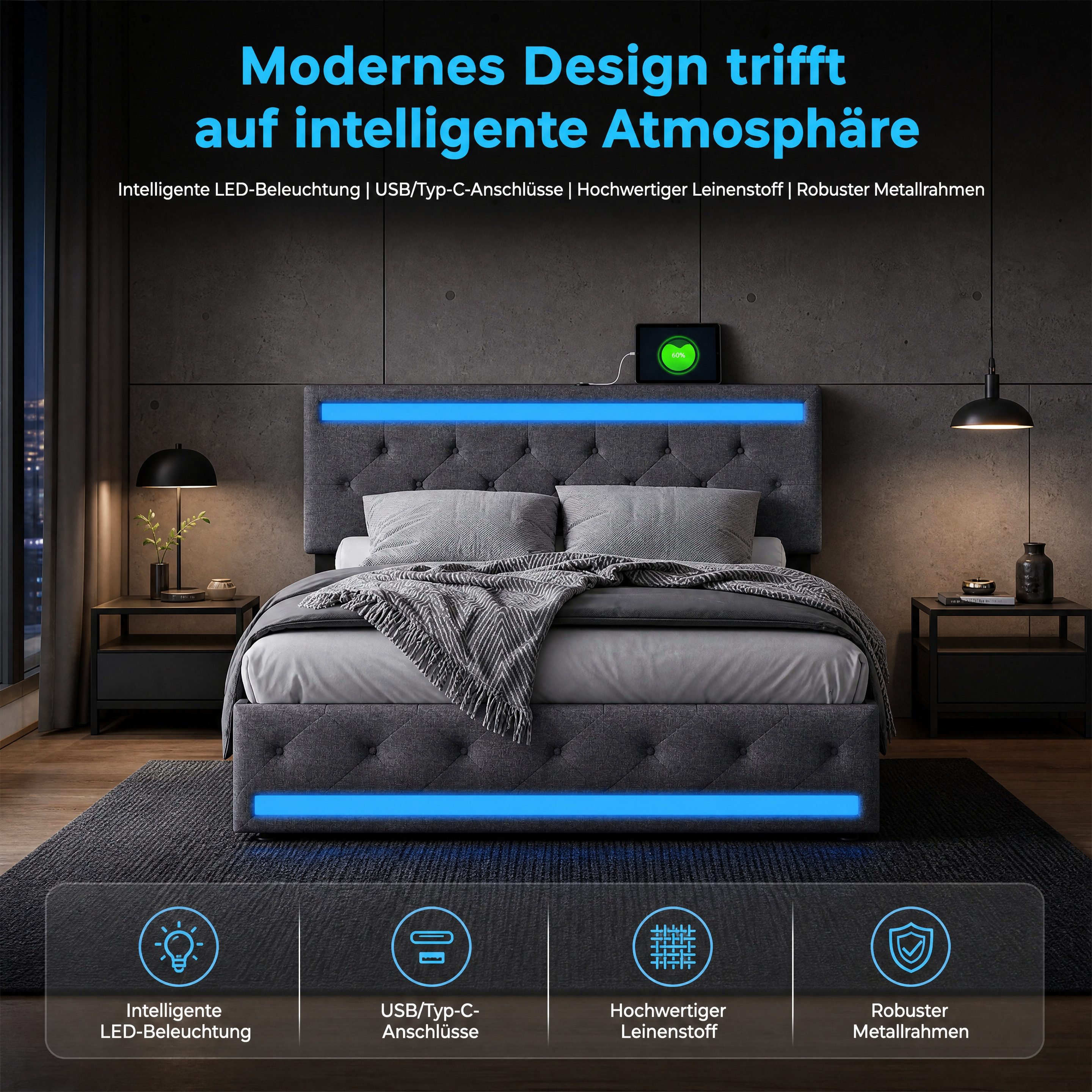 ADWOLT Stauraumbett Doppelbett Polsterbett mit Schubladen (Bettgestell, 1-tlg., 140x200 cm,Jugendbett Mit Kopfteil und Lattenrost,mit USB und Type-C), LED-Beleu – Bild 4 von 5