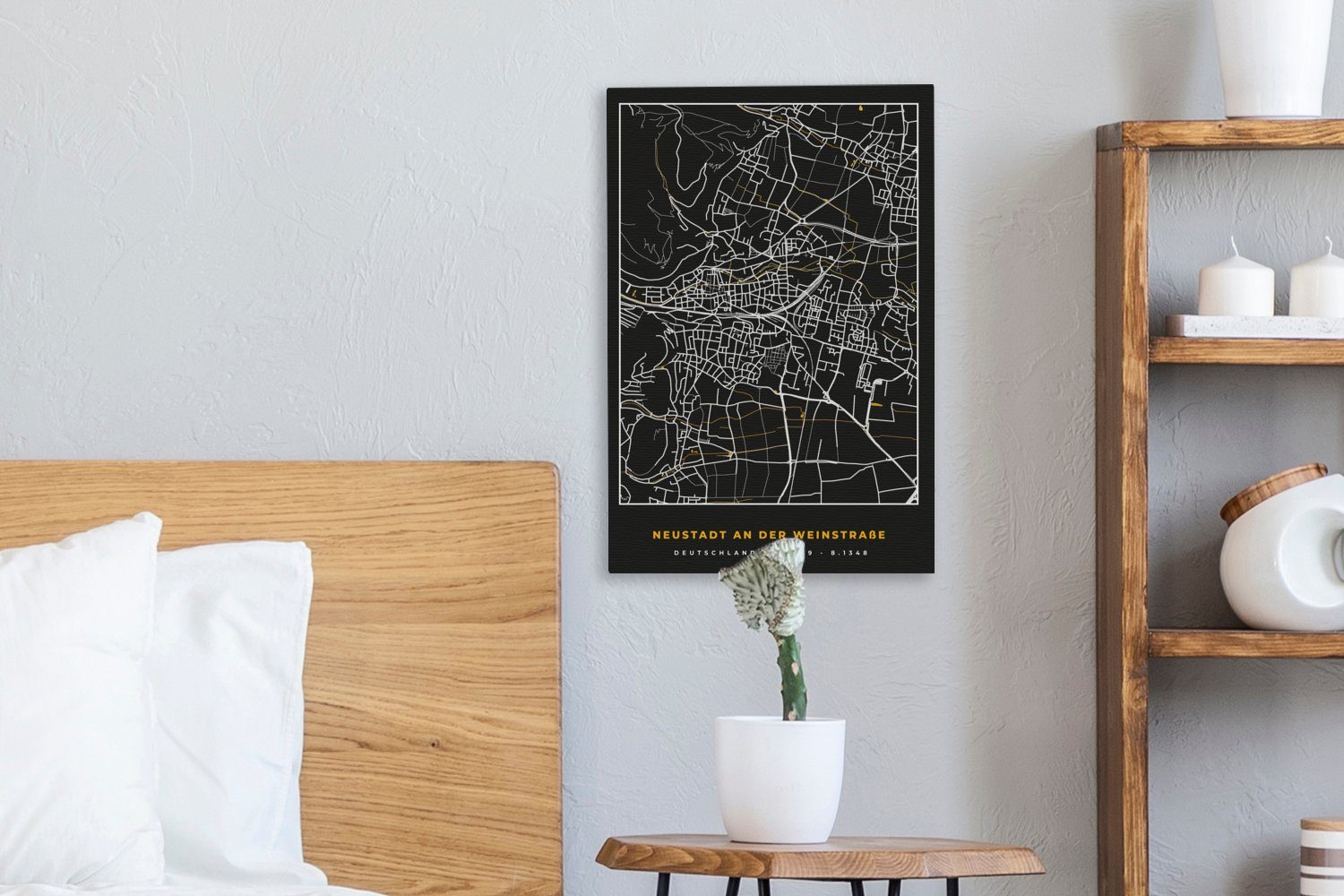 OneMillionCanvasses® Leinwandbild Gold inkl. Stadtplan - 20x30 - cm Karte Gemälde, - Deutschland an (1 der St), fertig Weinstraße, Leinwandbild Neustadt - Zackenaufhänger, bespannt