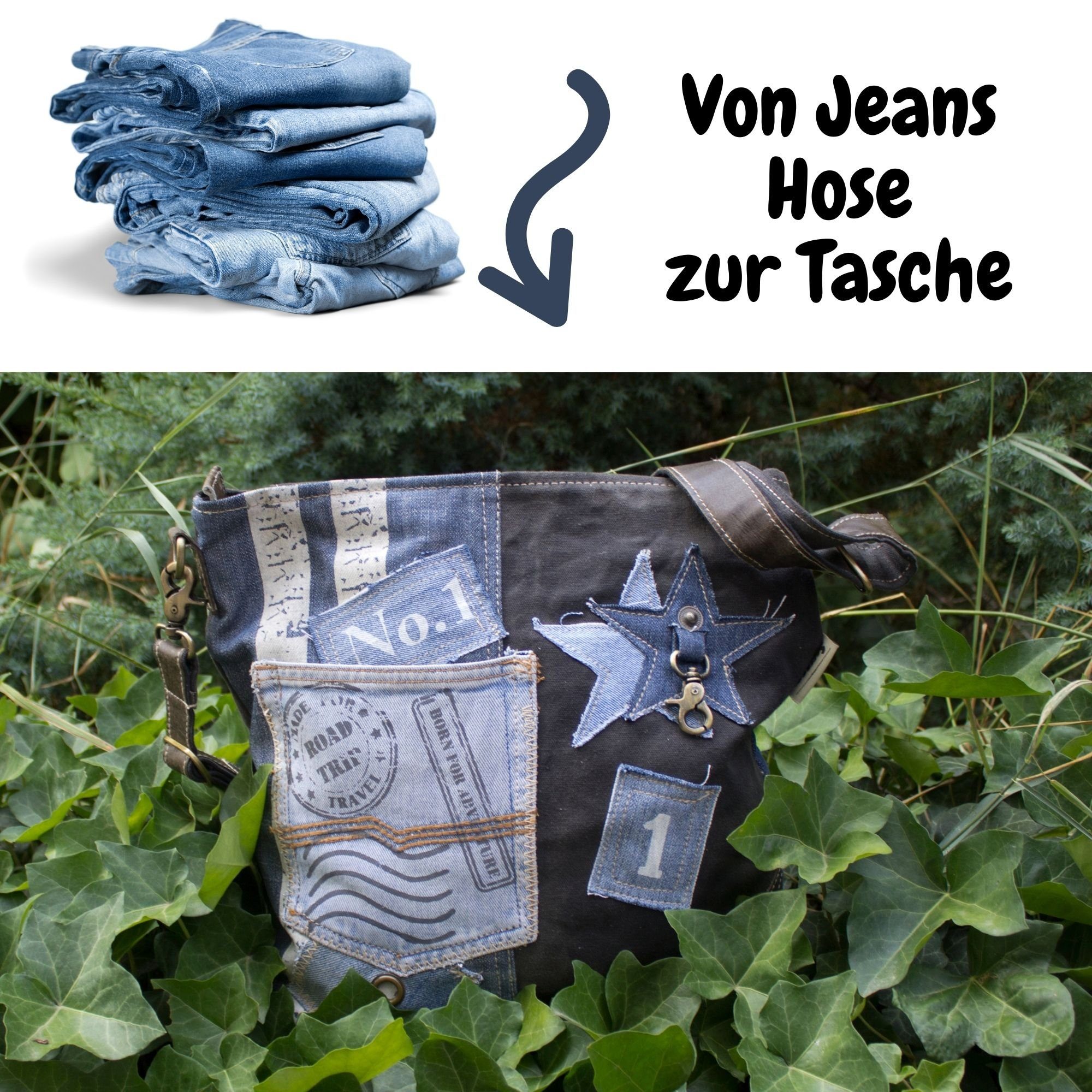 Jeans Aus und recycelten Crossbody recycelte Materialien Umhängetasche für Canvas. ihn, aus Sunsa Sie/ Umhängetasche bag schwarze