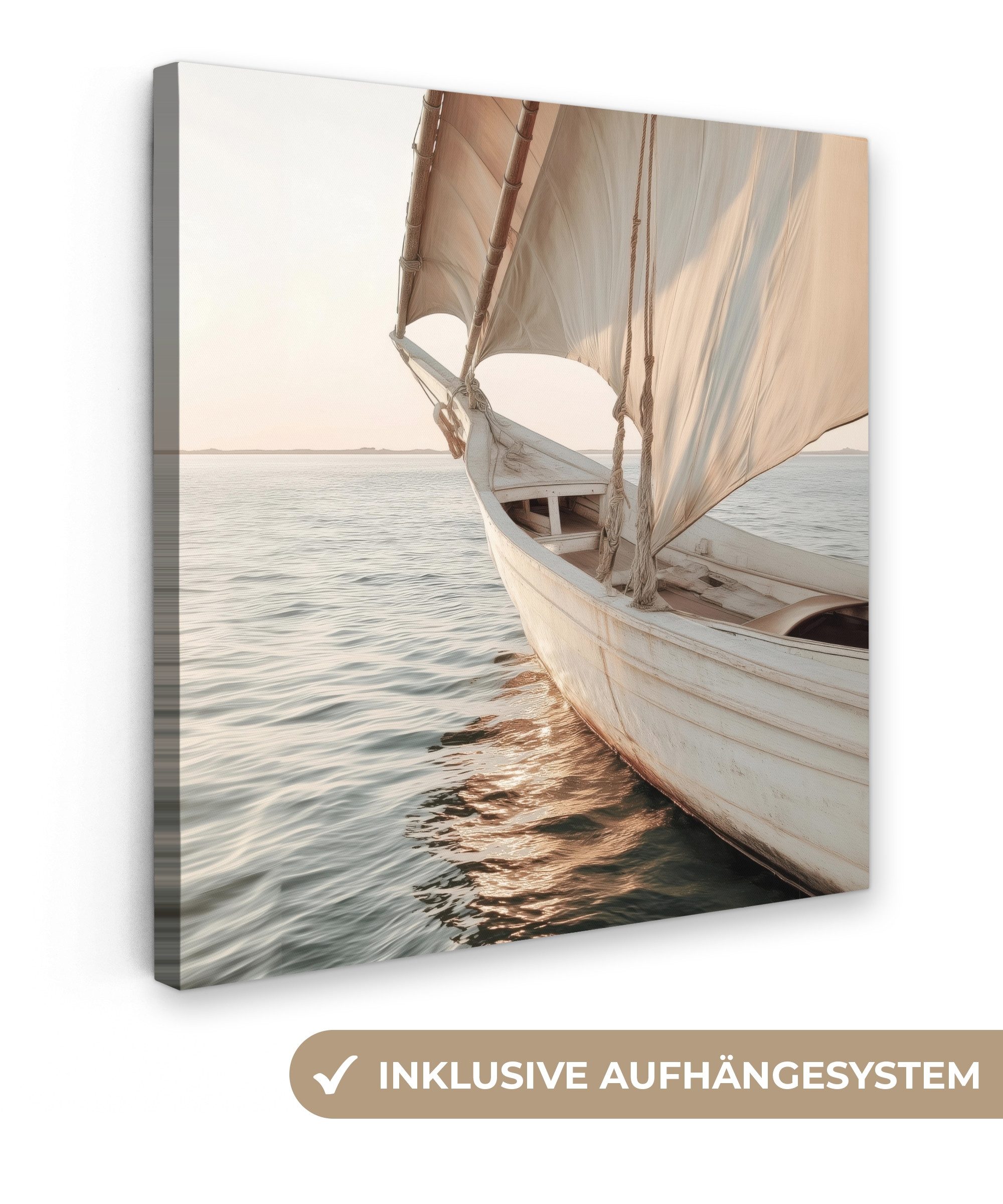 OneMillionCanvasses® Leinwandbild Segelboot - Meer - Beige - Sonne, Fotodruck (1 St), Wandbild, Deko Schlafzimmer Wohnzimmer Flur 20x20 cm