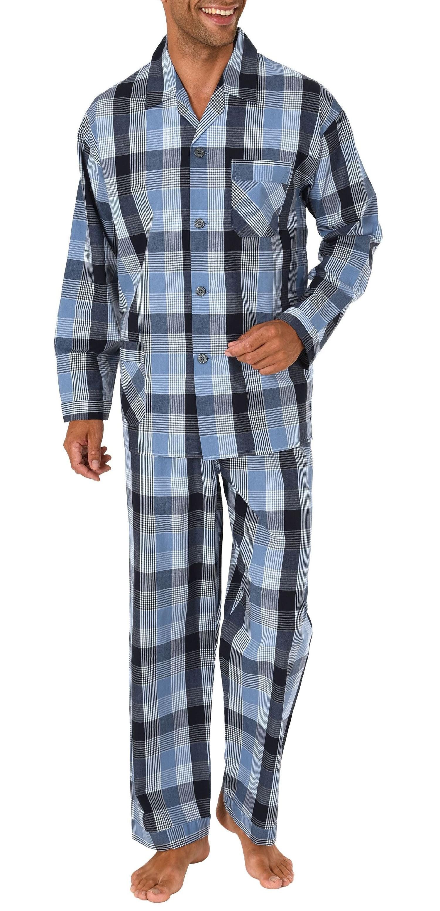 Normann Pyjama Gewebter Herren Pyjama, durchknöpfbarer Schlafanzug mit Streifen