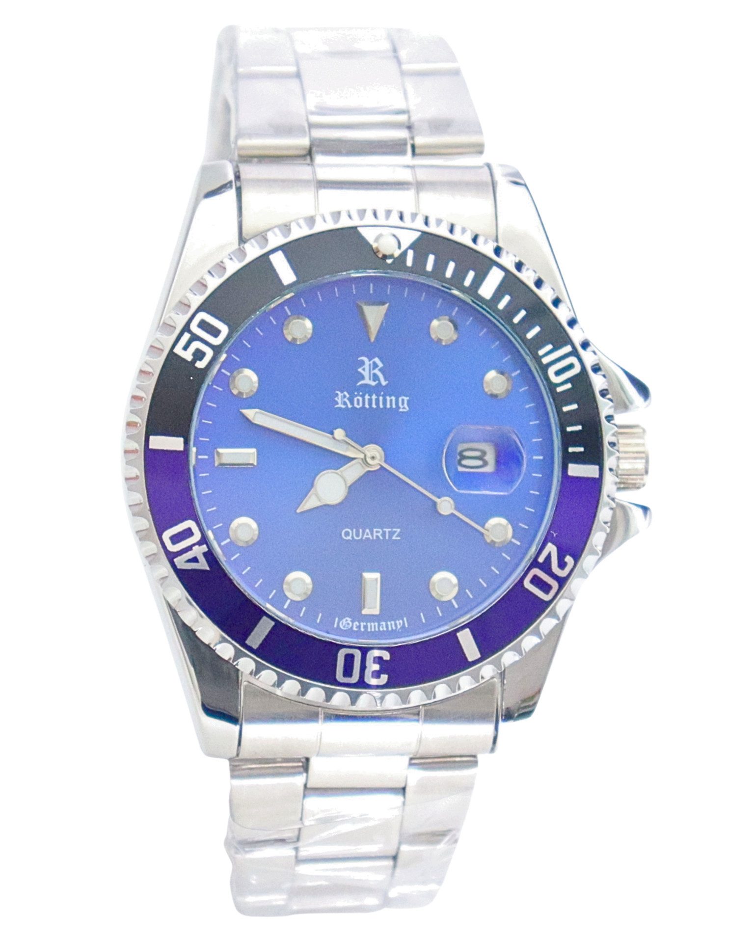 Rötting Design Quarzuhr Herrenuhr blau schwarze Lünette zum Drehen blaues Ziffernblatt, aus der Collection "Rötting", Datumsanzeige