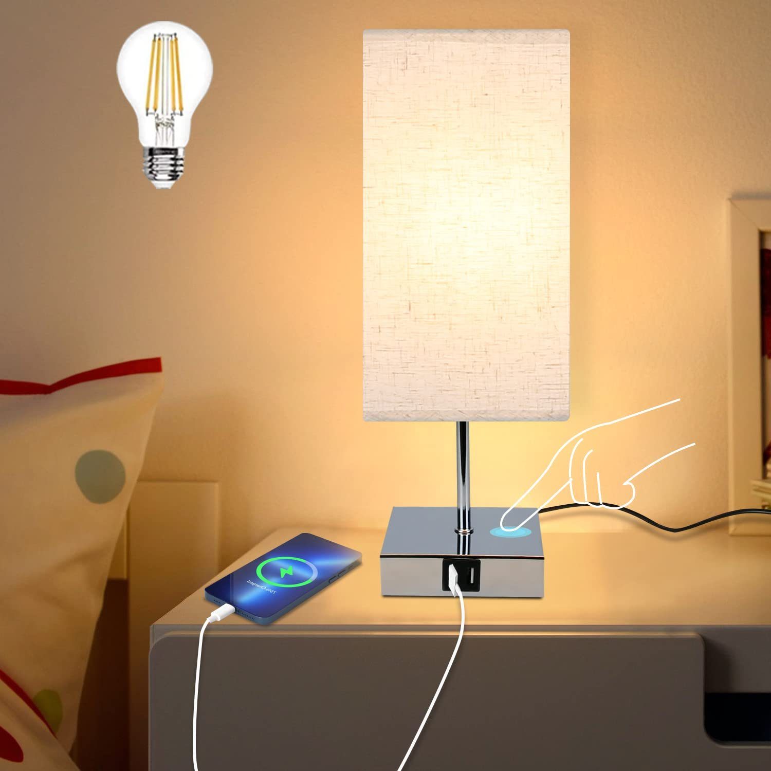 Nettlife LED Nachttischlampe USB Touch Dimmbar Tischlampe mit Ladefunktion Stoffschirm Vintage E27, mit 2 USB-Anschlüssen, ohne Leuchtmittel, für Schlafzimmer Wohnzimmer Arbeitszimmer Kinderzimmer Chrom