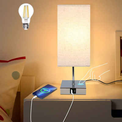 Nettlife LED Nachttischlampe USB Touch Dimmbar Tischlampe mit Ladefunktion Stoffschirm Vintage E27, mit 2 USB-Anschlüssen, ohne Leuchtmittel, für Schlafzimmer Wohnzimmer Arbeitszimmer Kinderzimmer