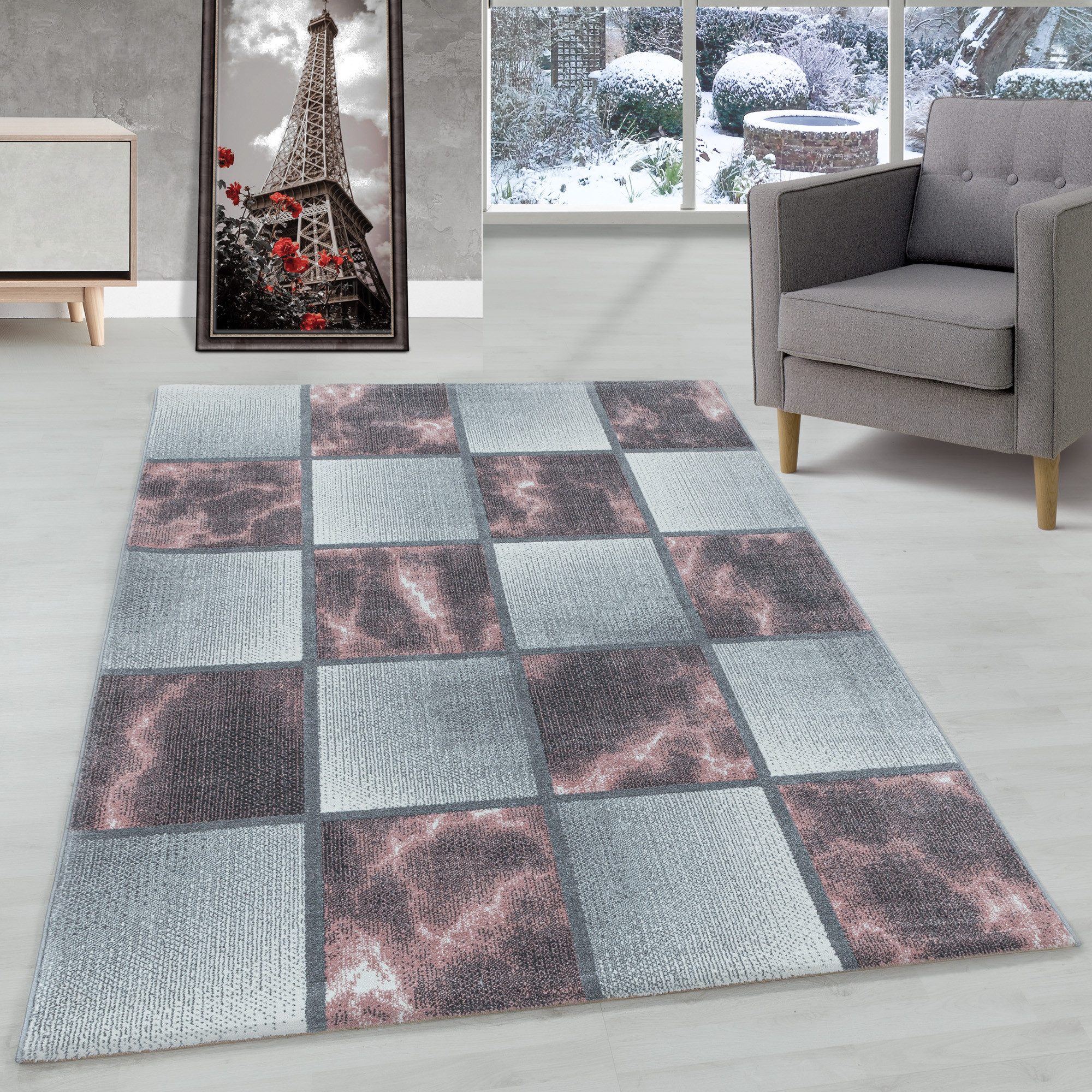 Carpettex Frisé-Teppich Kariert Design, Läufer, Höhe: 8 mm, Modern Kurzflor Teppich Wohnzimmer Kariert Design verschidene größen