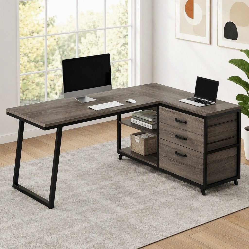 Celya Computertisch 135 cm reversibler L-förmiger Schreibtisch (mit 3 Schubladen und Regalen)