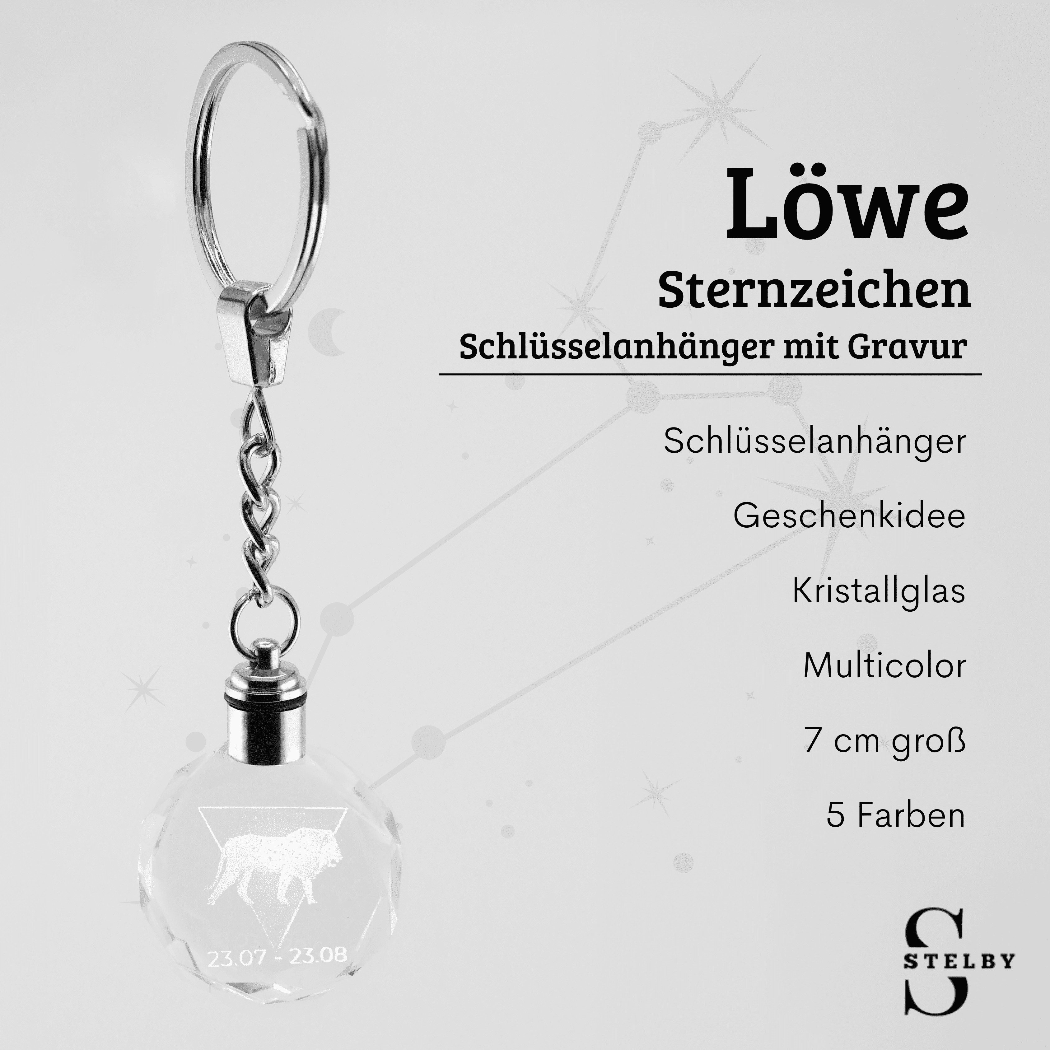 Stelby Schlüsselanhänger mit Gravur Schlüsselanhänger LED Sternzeichen aus Glas mit Farbwechsel (inkl. Geschenkbox), Farbwechsel, transparent, modernes Design