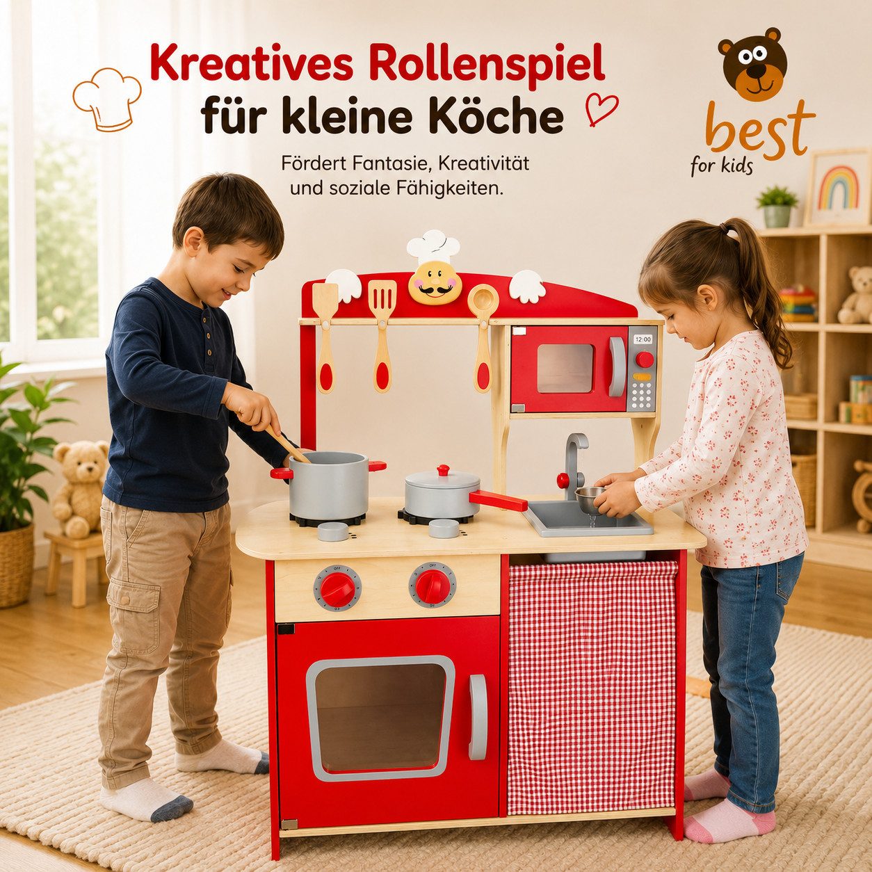 Best for Kids Spielküche Kinderküche chili Rot–MDF Holz Spielküche mit Zubehör fur ab 3 Jahren Holz, Realistisches Küchendesign, umfangreiches Zubehör