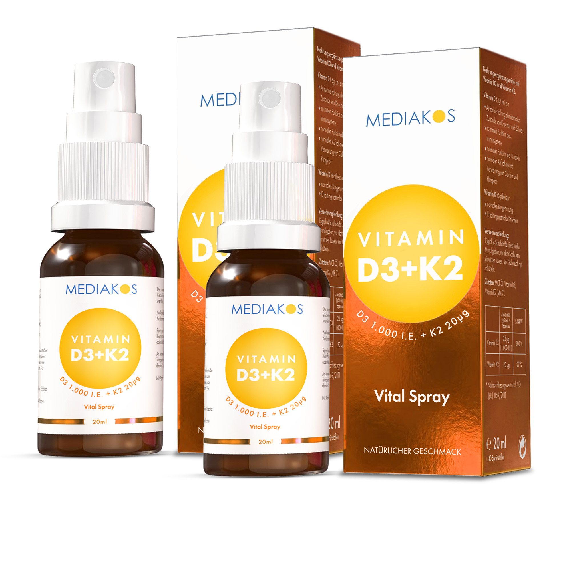 Mediakos Mediakos Vitamin D3 + K2 1.000 I.E. 20 µg Vital Spray, für Immunsystem, Knochen, Zähne und Muskeln – Geschmacksneutral & Ohne Zucker! à 40 ml