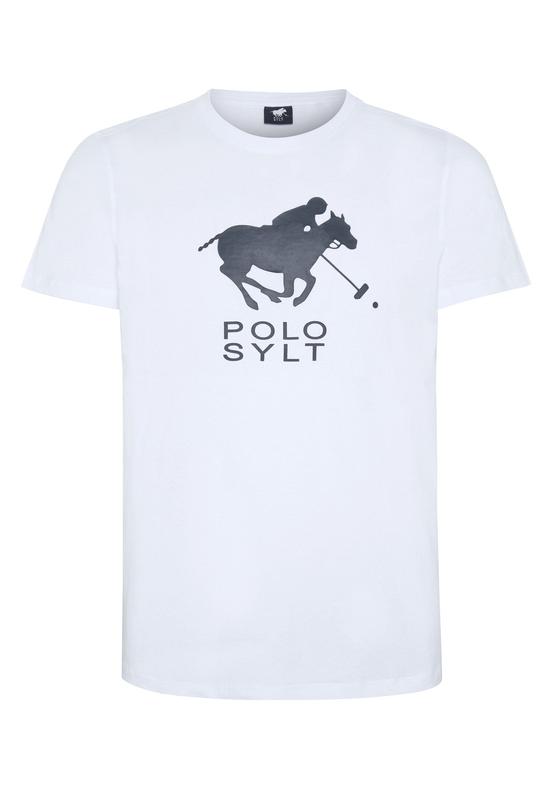 Polo Print-Shirt White/Dark 1048 Blue mit Sylt Frontprint Logo Neon