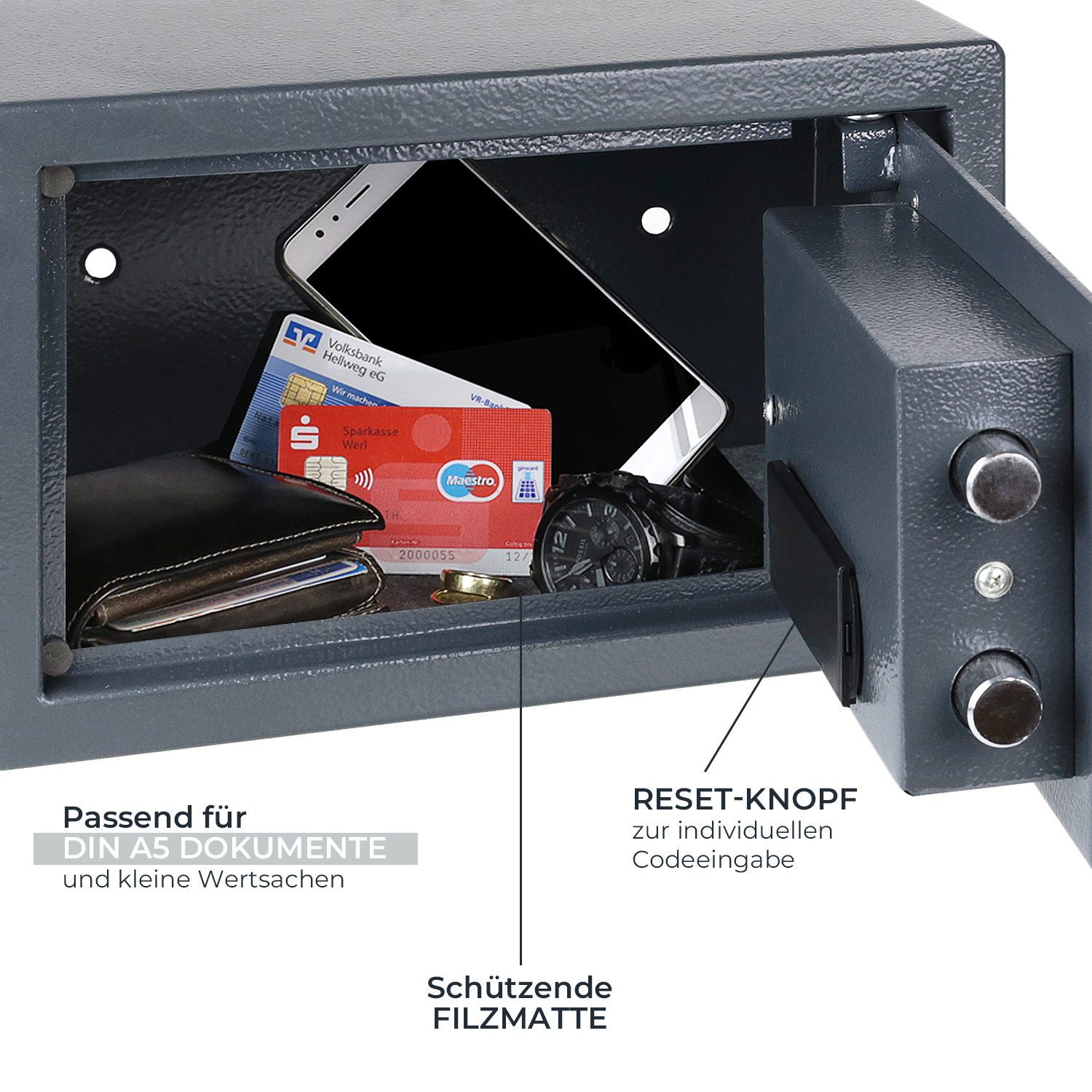 HMF Möbeltresor Safe Tresor für Zuhause Hotel oder Büro Möbeltresor mit Zahlenschloss, für DIN A5 Dokumente, 31 x 20 x 20 cm, Anthrazit