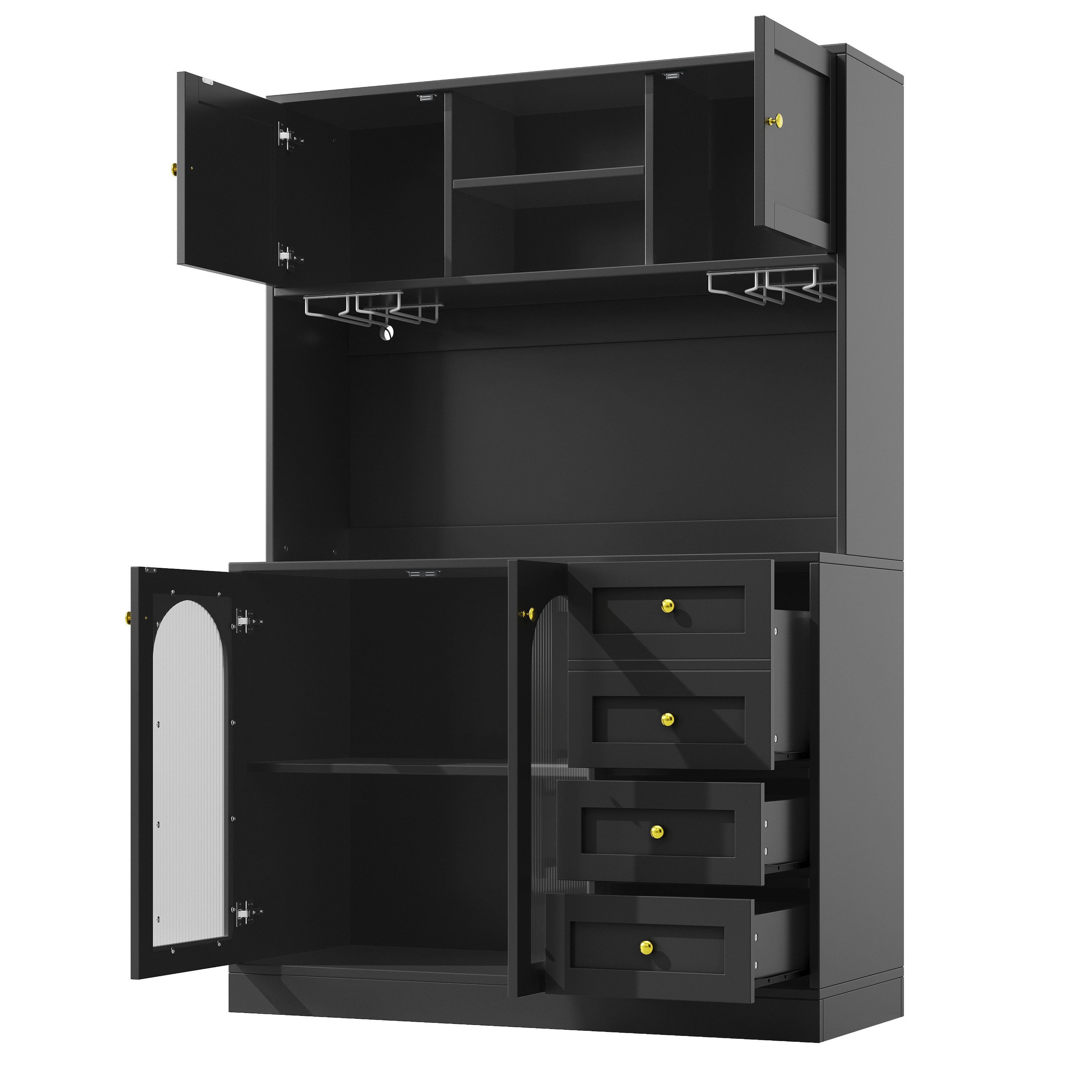 Flieks Küchenbuffet mit LED-Beleuchtung, 3 Schubladen, 2 Glastüren und Gläserhalter (1-St., B120/T40/H188 cm) Hochschrank Küchenschrank Geschirrschrank Mehrzweckschrank Schwarz