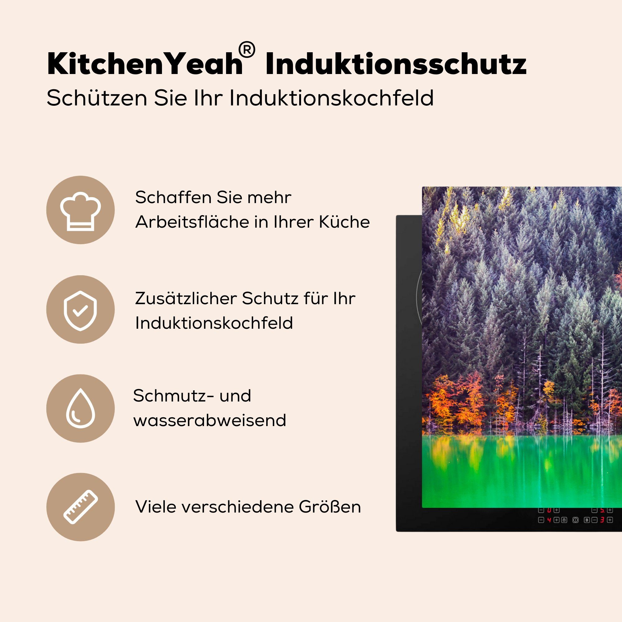 Herdblende-/Abdeckplatte an Schutz Induktionskochfeld 81x52 grünen küche, für MuchoWow See, Herbstwald Vinyl, Ein die Ceranfeldabdeckung (1 cm, einem tlg),