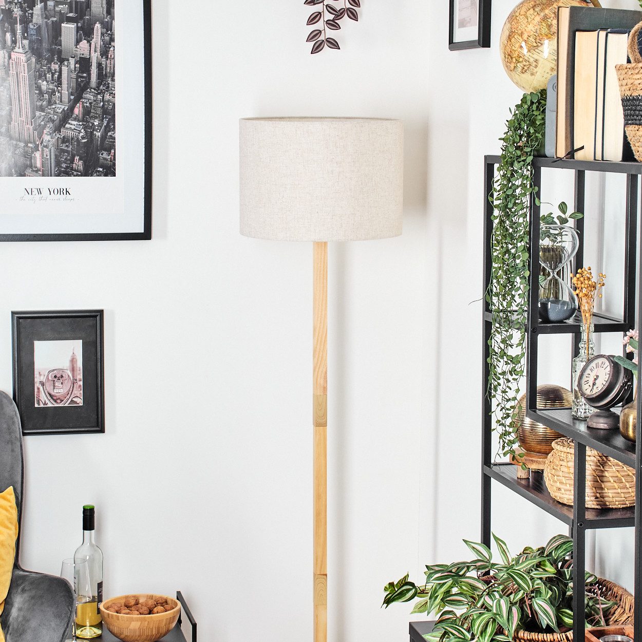 hofstein Stehlampe Stehlampe mit Holzfuß und Schirm aus Stoff, ohne Leuchtmittel, Boho-Style, skandinavisches Design (40 cm), Fußschalter, 1 x E27