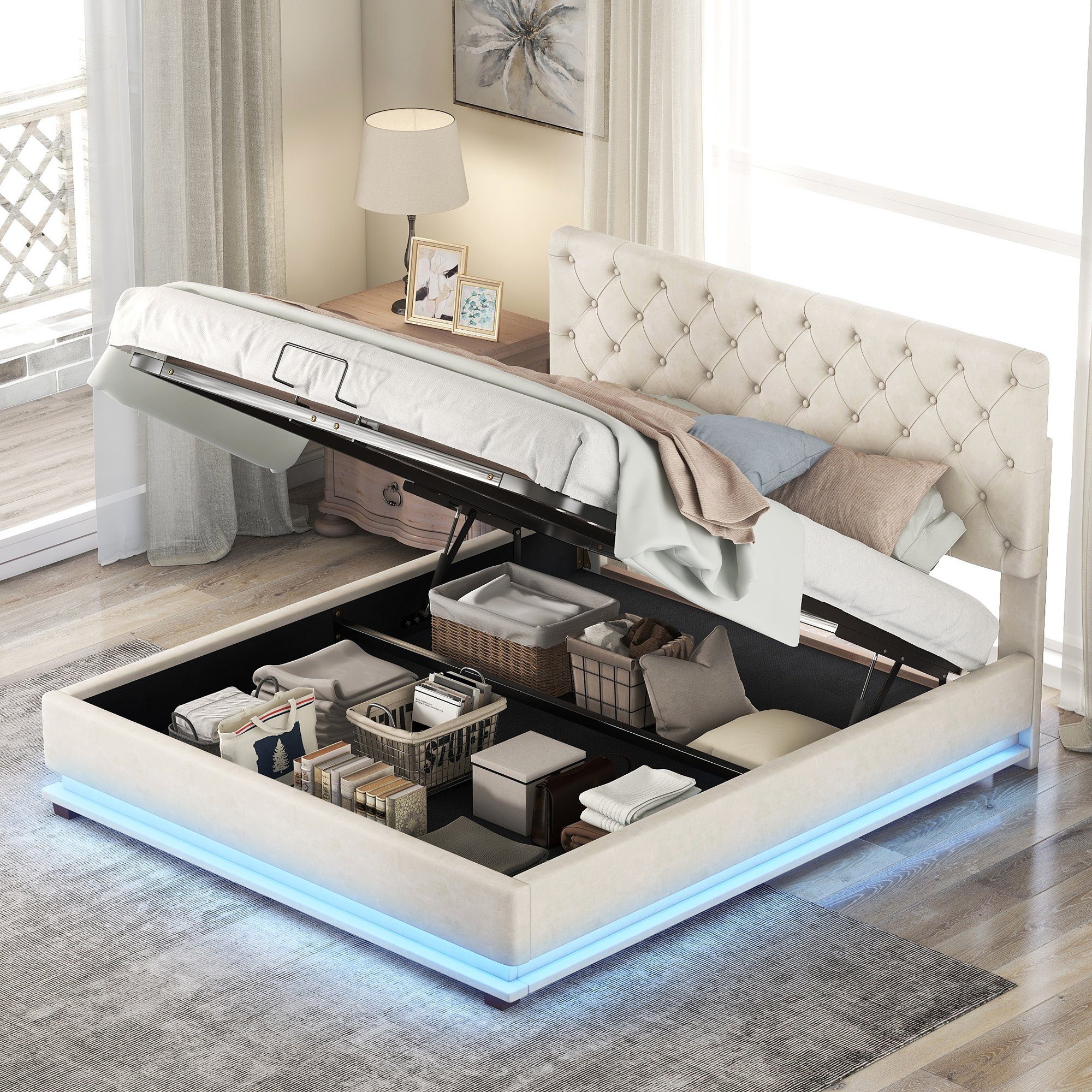 OKWISH Polsterbett Doppelbett Stauraumbett Bett mit Lattenrost ohne Matratze (Grau, 140x200cm), Stauraumbett mit Hydraulisch, Einfache Montage Beige