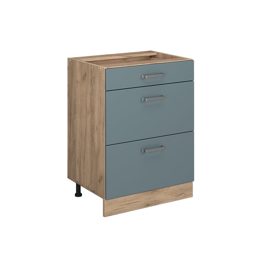 Livinity® Unterschrank R-Line, Blau-Grau/Goldkraft Eiche, 60 cm mit Schubladen, AP Anthrazit