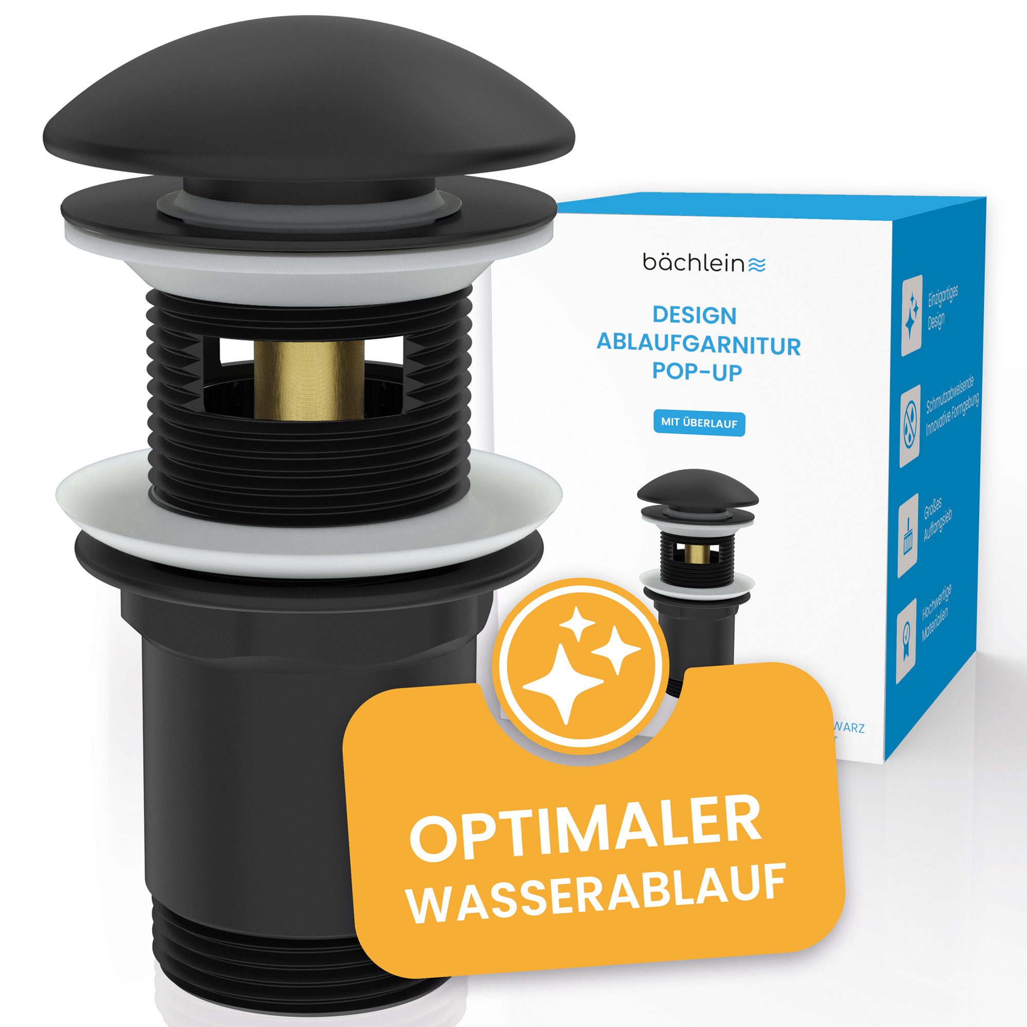 Bächlein Ablaufgarnitur Design Pop Up - mit optimiertem Wasserablauf Werkzeugloser Einbau - Click Clack Funktion