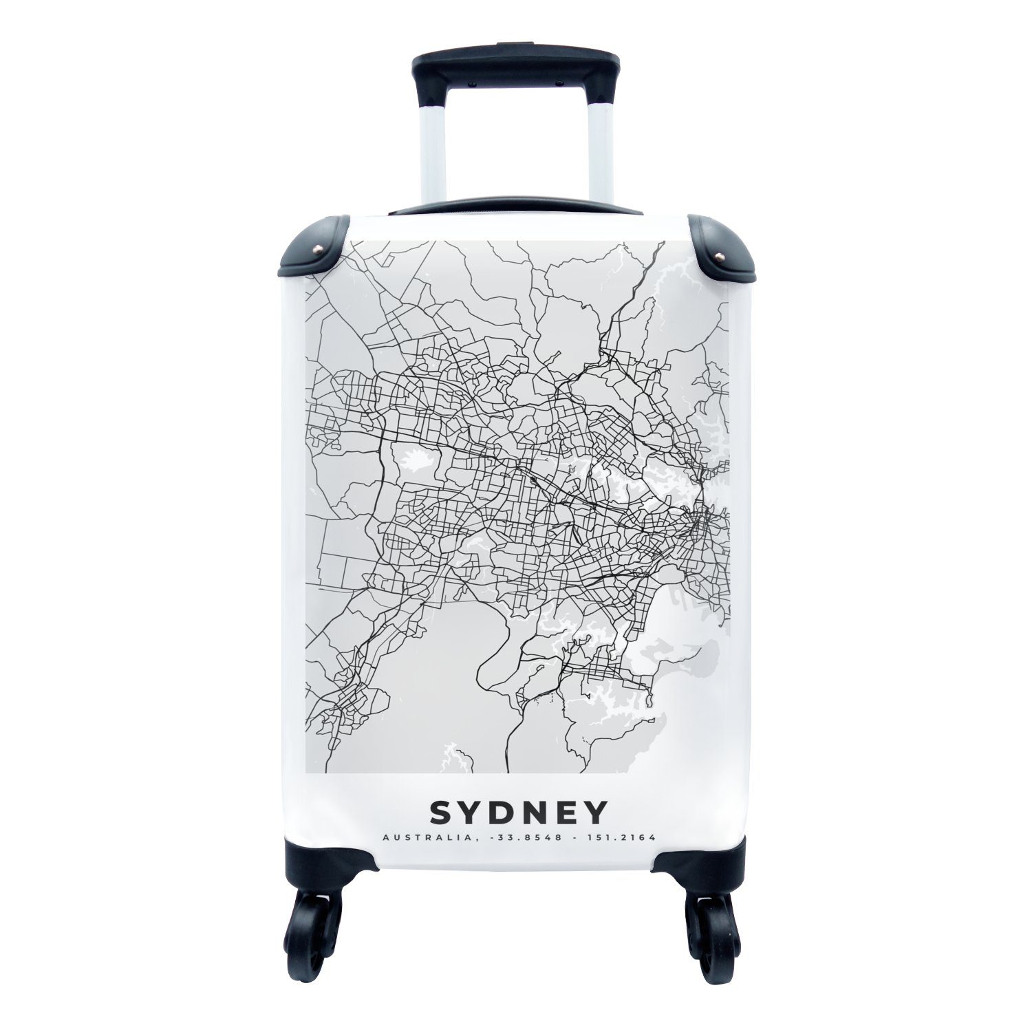 MuchoWow Handgepäckkoffer Sydney - Stadtplan - Schwarz und Weiß - Karte, 4 Rollen, Reisetasche mit rollen, Handgepäck für Ferien, Trolley, Reisekoffer