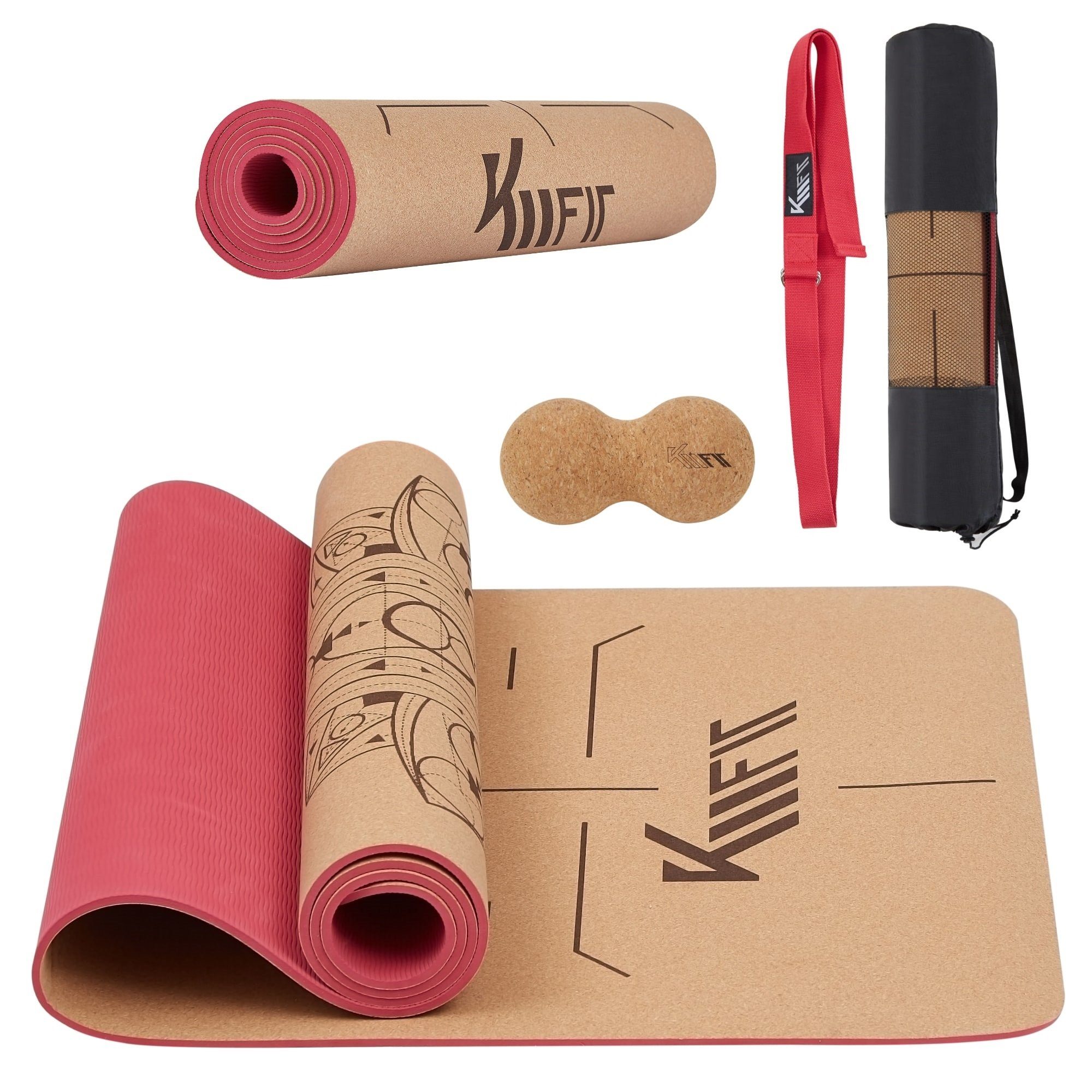 KM - Fit Yogamatte Gymnastikmatte Fitnessmatte Pilates Sportmatte Bodenmatte mit Tasche (Set), extra dick, rutschfest, nachhaltig