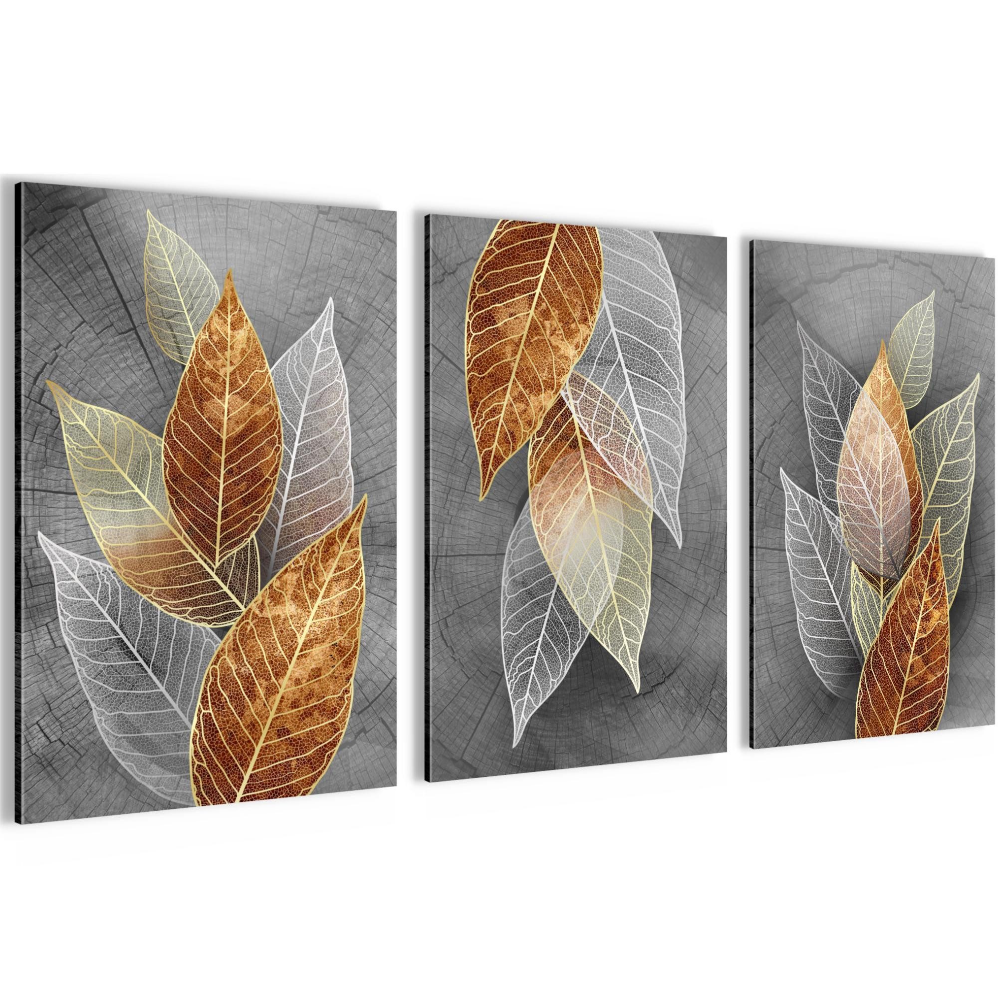 Novart Wandbild Bilder Abstrakt Blätter AUFHÄNGFERTIG für Flur Deko Grau N035436b, 40 x 60 cm - 3 Bilder