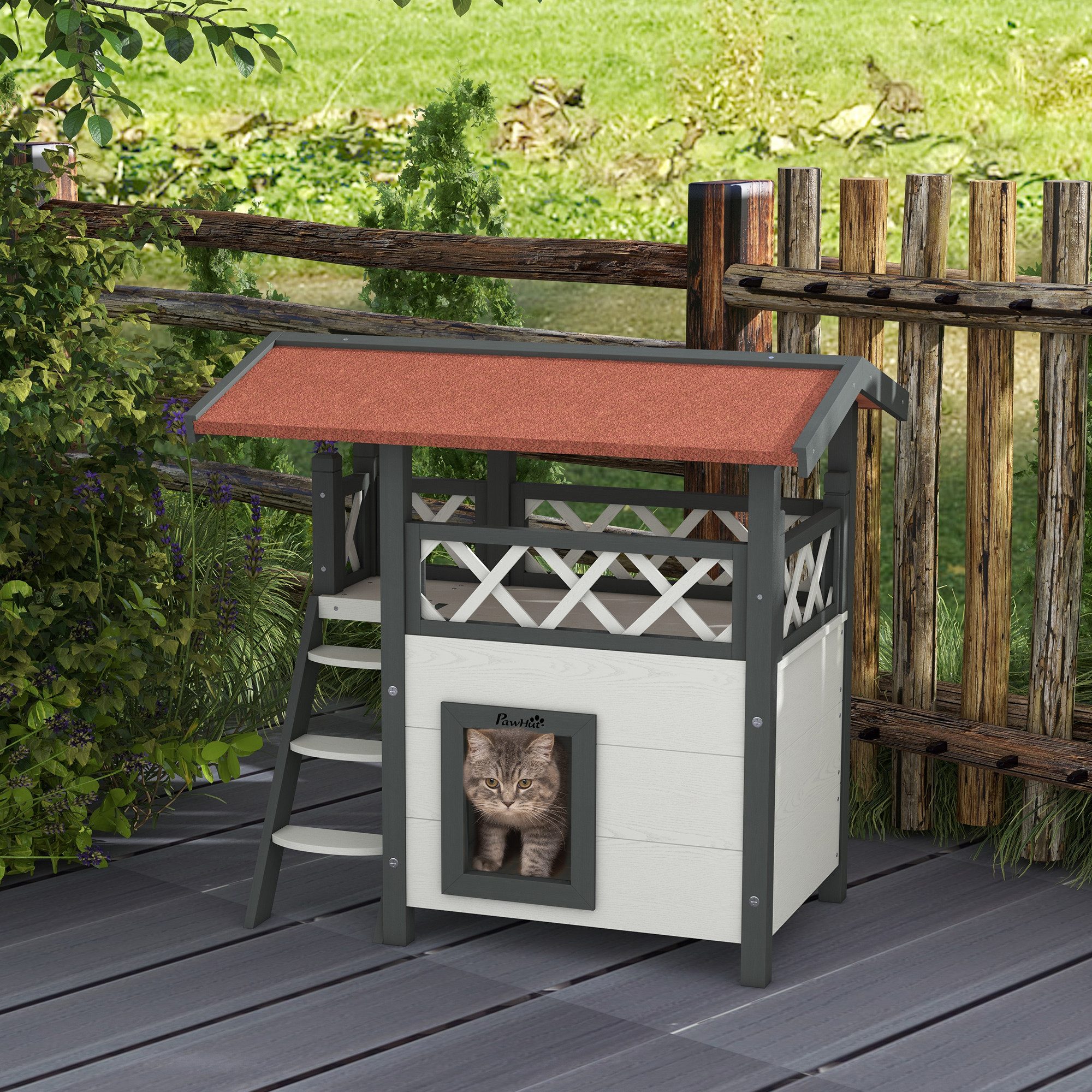 PawHut Tierhöhle Katzenhaus aus Holz Winterfest wasserdicht mit Terrasse Treppe, für Garten, Balkon, Weiß