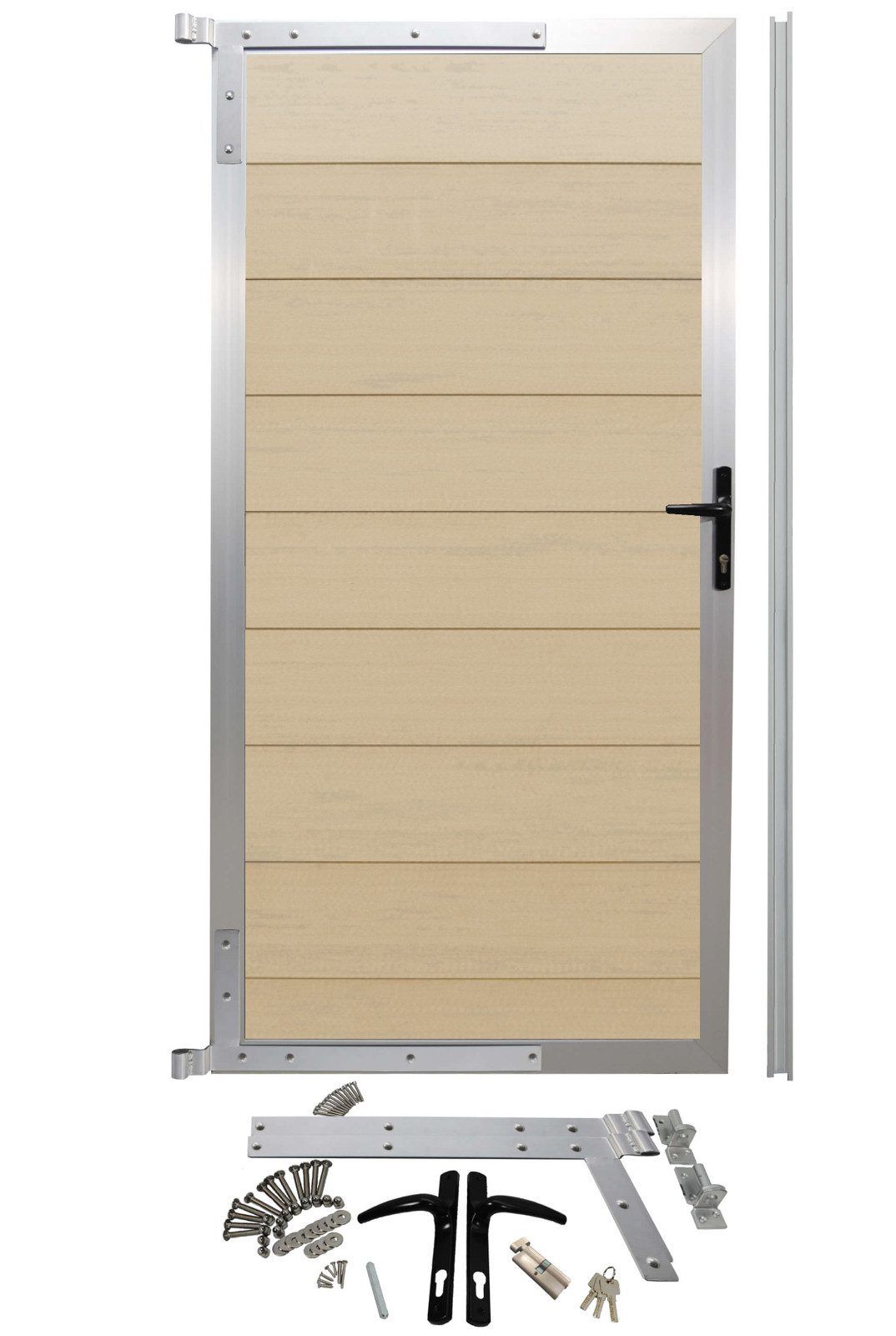 WPC Profi Zauneinzeltür Alu Garten Zauntor Tor Gartentor Sandbeige Systemzaun 90 X 183 cm, (Komplettset, mit Befestigung, Schloss, Anschlagschiene)
