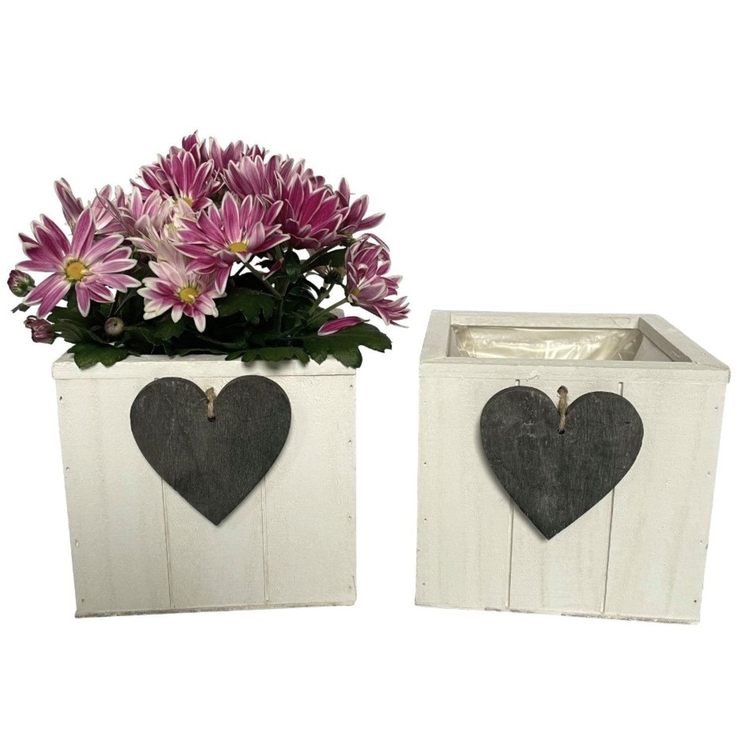 Online-Fuchs Blumentopf für draußen geeignet - 2er Set Blumenkasten aus Holz mit Herz (Weiß oder Grau, 15 x 15 cm groß), Dekoration für Wohnzimmer, Garten, Balkon oder Terrrasse