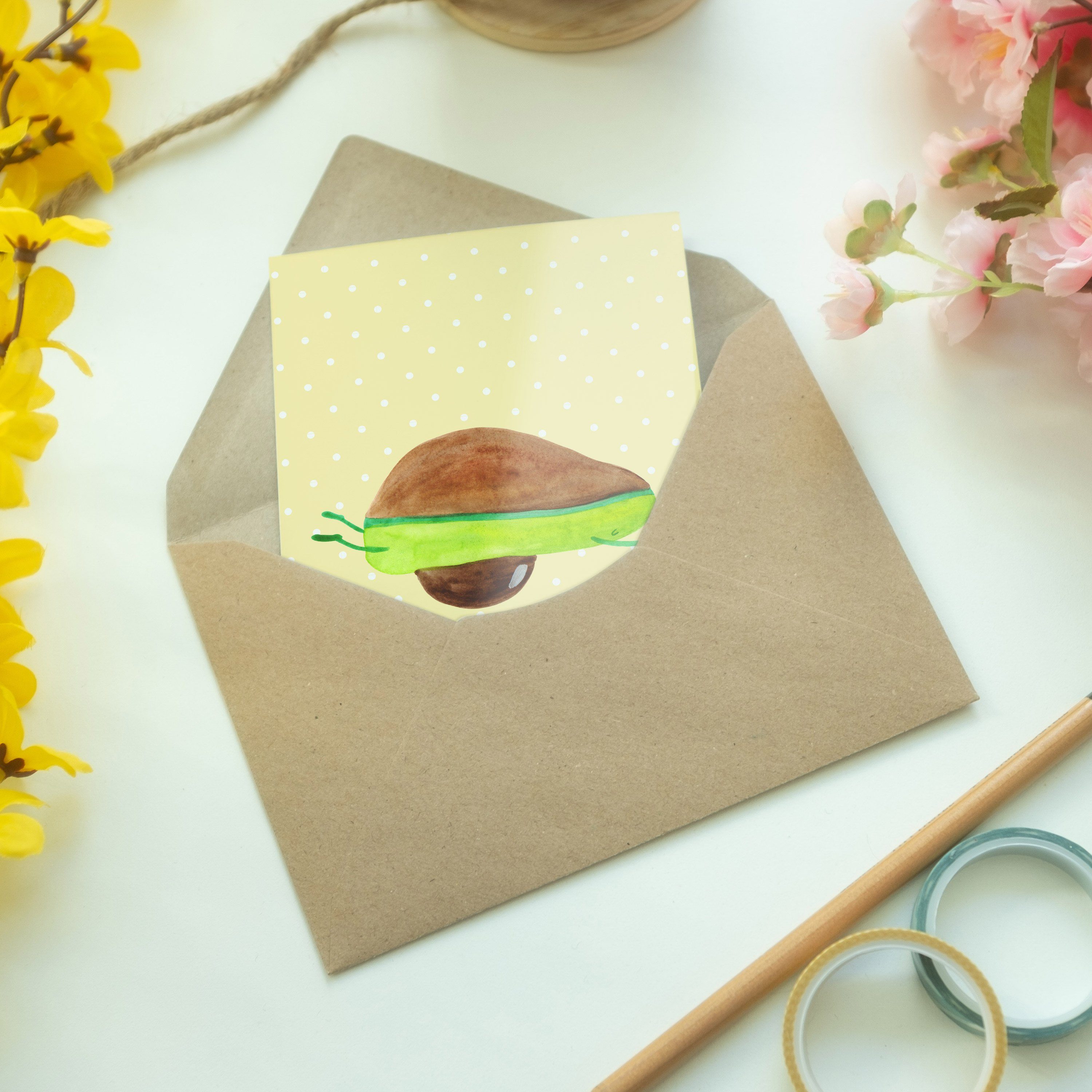 Avocado Einladungskart - Yoga Gelb Mrs. Panda Veggie, & Pastell Mr. Vegan, Grußkarte Geschenk, -