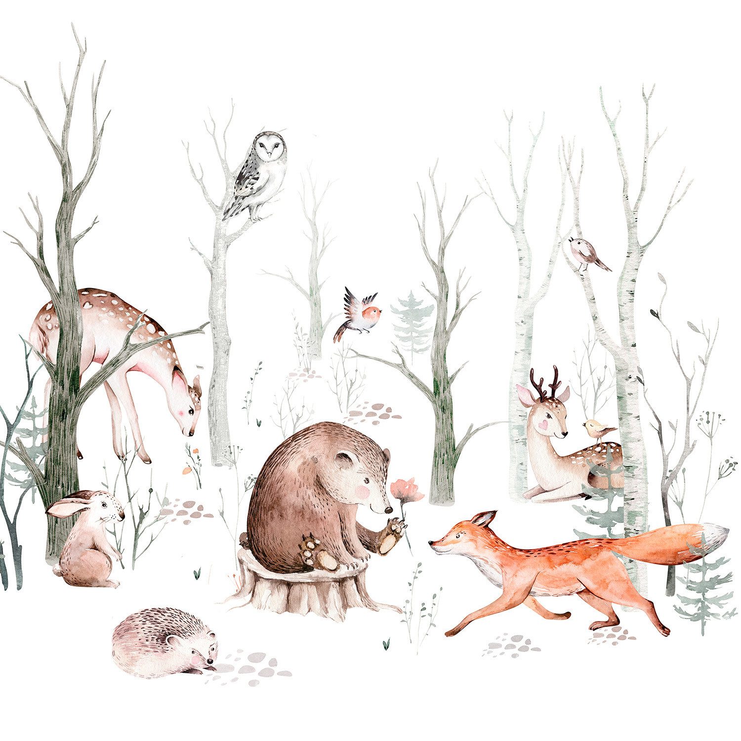 Rasch Fototapete Kinderzimmer Waldtiere - 2,8 m x 3,18 m, strukturiert, Tiere, Wald, Comic, (1 Rolle, 1 St)