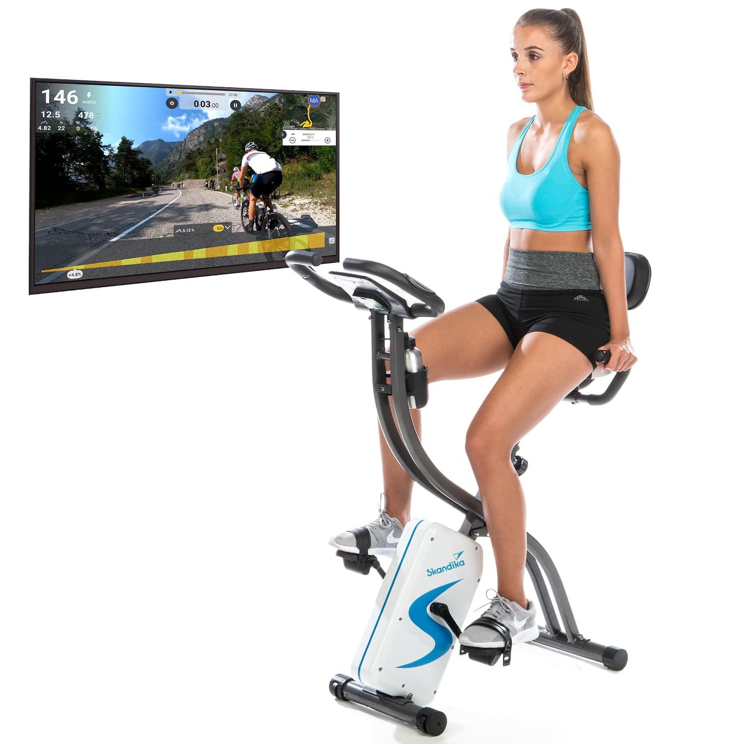 Skandika Heimtrainer Foldaway X-2000, Fitnessbike, klappbar, mit Rückenlehne, Bluetooth, Tablethalterung, 16-stufiger computergesteuerter Widerstand