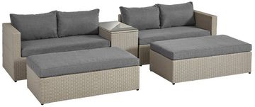 KONIFERA Gartenlounge-Set Kos, (Set, 5-tlg., 1xBank, 2x Hocker, 1x Tisch, Alu/Polyrattan), inkl. Auflagen