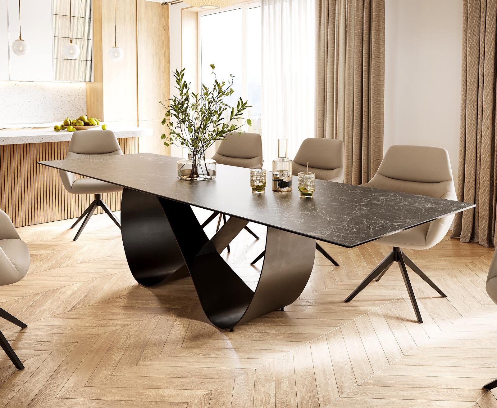 DELIFE Esstisch Edge, Keramik Laminam® Nero Greco Anthrazit 300x100 Infinity Metall Schwarz