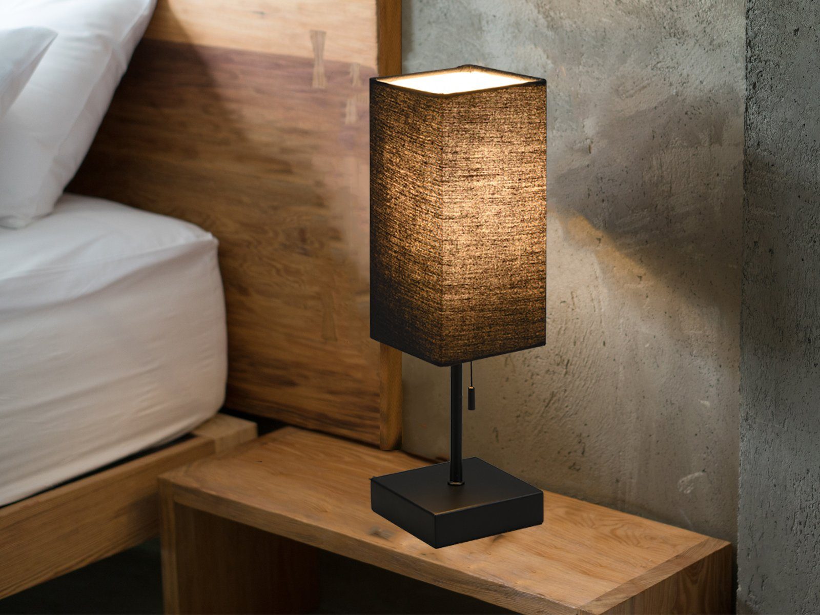 Reality Leuchten LED Nachttischlampe, Dimmfunktion, LED wechselbar, in 3 Stufen dimmbar über Zugschalter, warmweiß, Designklassiker mit Stoffschirm und USB Ladefunktion für Handy H: 35cm