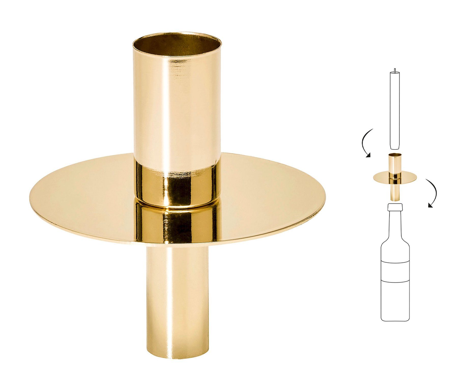 EDZARD Flaschenkerzenhalter »Gold«, Kerzenhalter aus Messing mit  Gold-Optik, Flaschen-Aufsatz für Stabkerzen, vernickelt, Höhe 8 cm