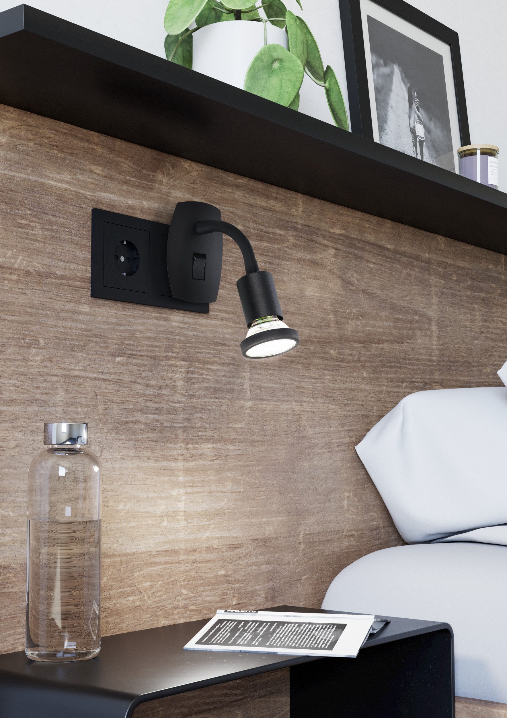 EGLO Steckdosenleuchte PARRINI Steckerlampe - Stahl, Kunststoff - GU10 - 1X4,5W - IP20, Ein-/Ausschalter, Leuchtmittel wechselbar, Steckdosenspot, Steckdosenstrahler, Schalfzimmerleuchte, L7xH10xAL18cm