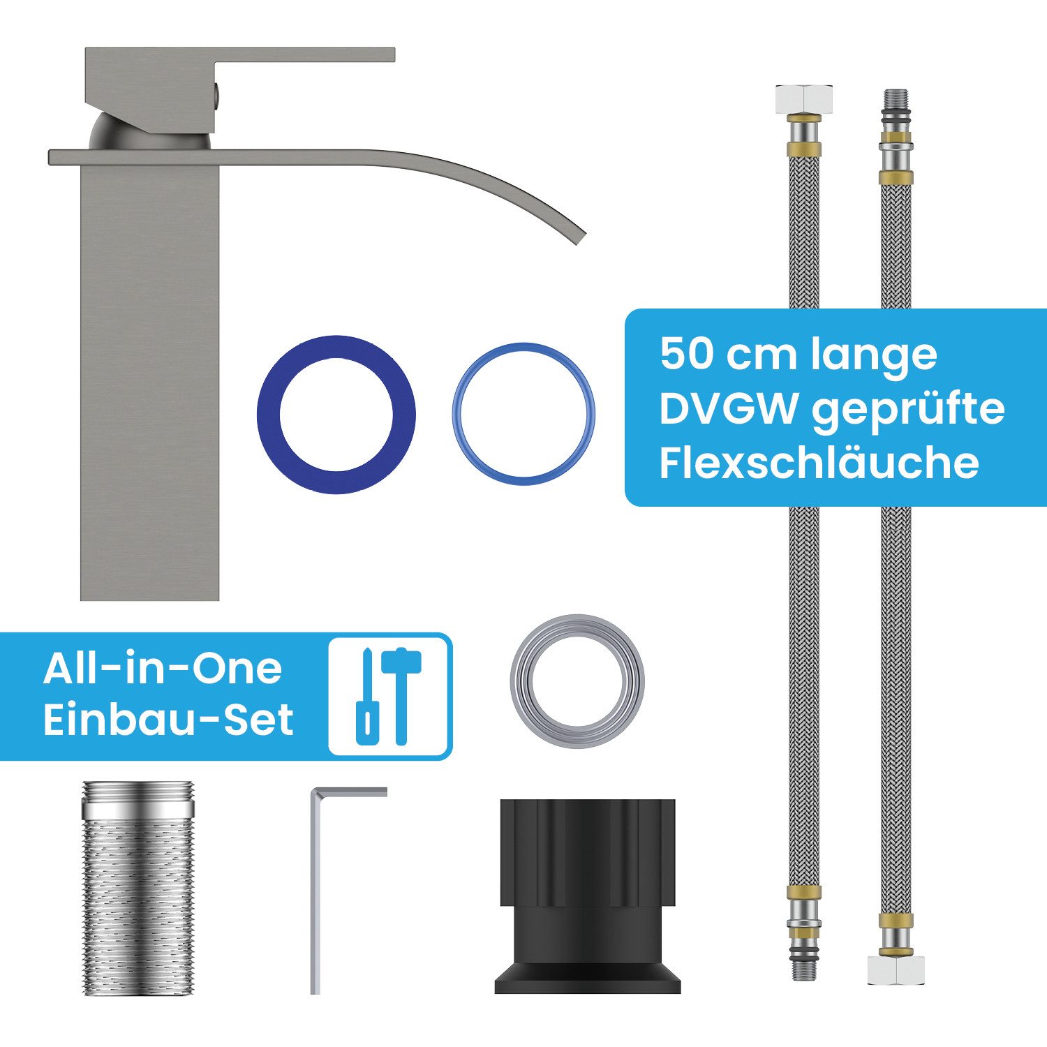 Bächlein Badarmatur Elegante Badarmatur Tamina (Edelstahl gebürstet) hochwertige Designarmatur mit Wasserfalloptik – Bild 5 von 5